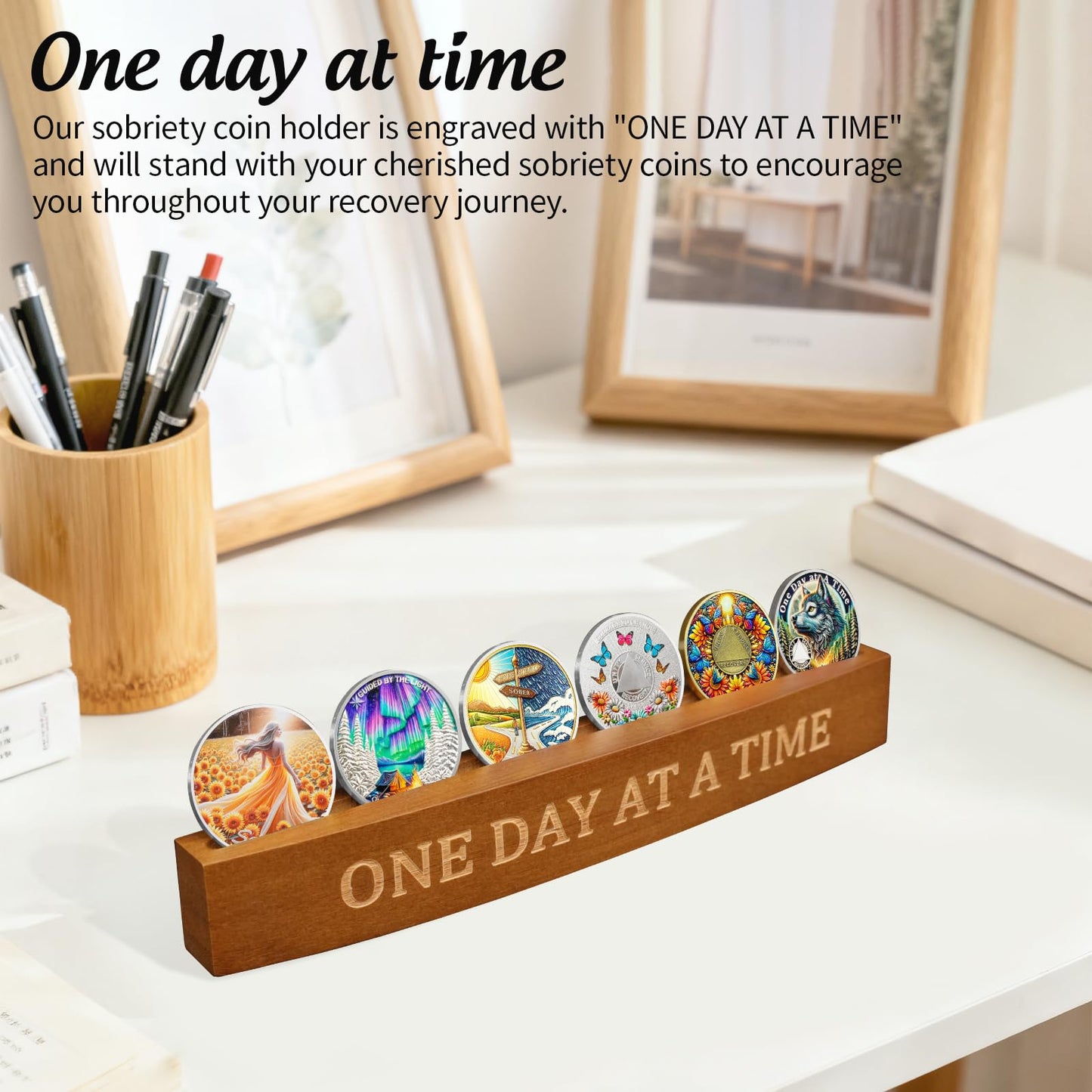YRCKUDZKG AA Coin Holder, Sobriety Coin Holder Bamboo-Wood Craft Display Stand Holds 6 AA Chips NA Medallions, Coin Rack as Sobriety Gifts for Men & Women YRCKUDZKG