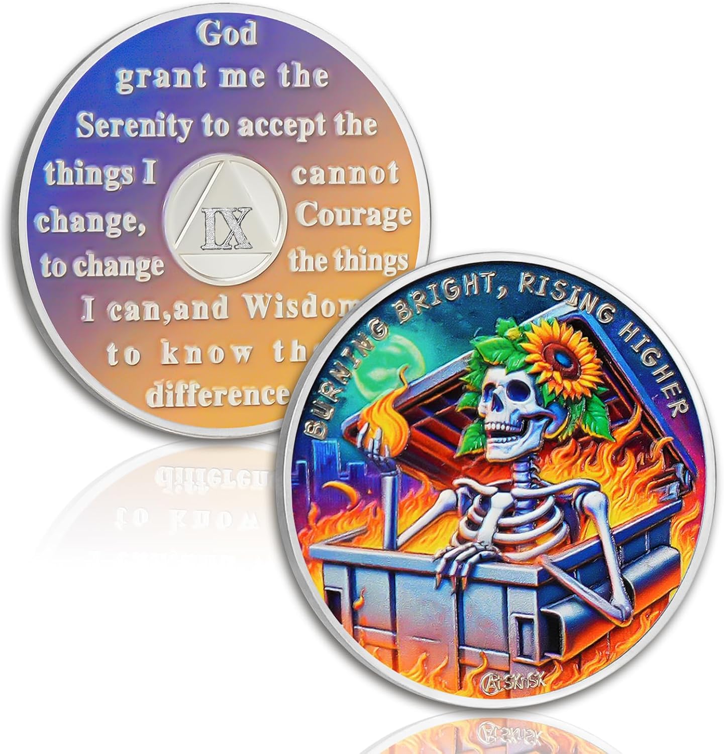 Personalized Reborn in Fire Sunflower Skeleton Sobriety Coin mysite