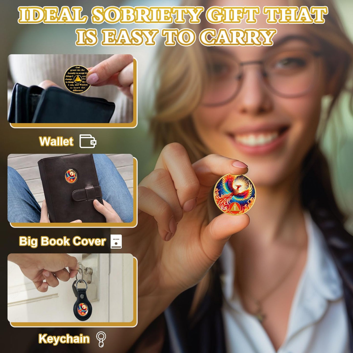Phoenix of Light 1 Year Sobriety Coin, Rebirth in Fire AA Coin - Addiction Recovery One Year Sober Medal with Token Capsule, Alcoholics Anonymous Sobriety Gifts for Men and Women YRCKUDZKG