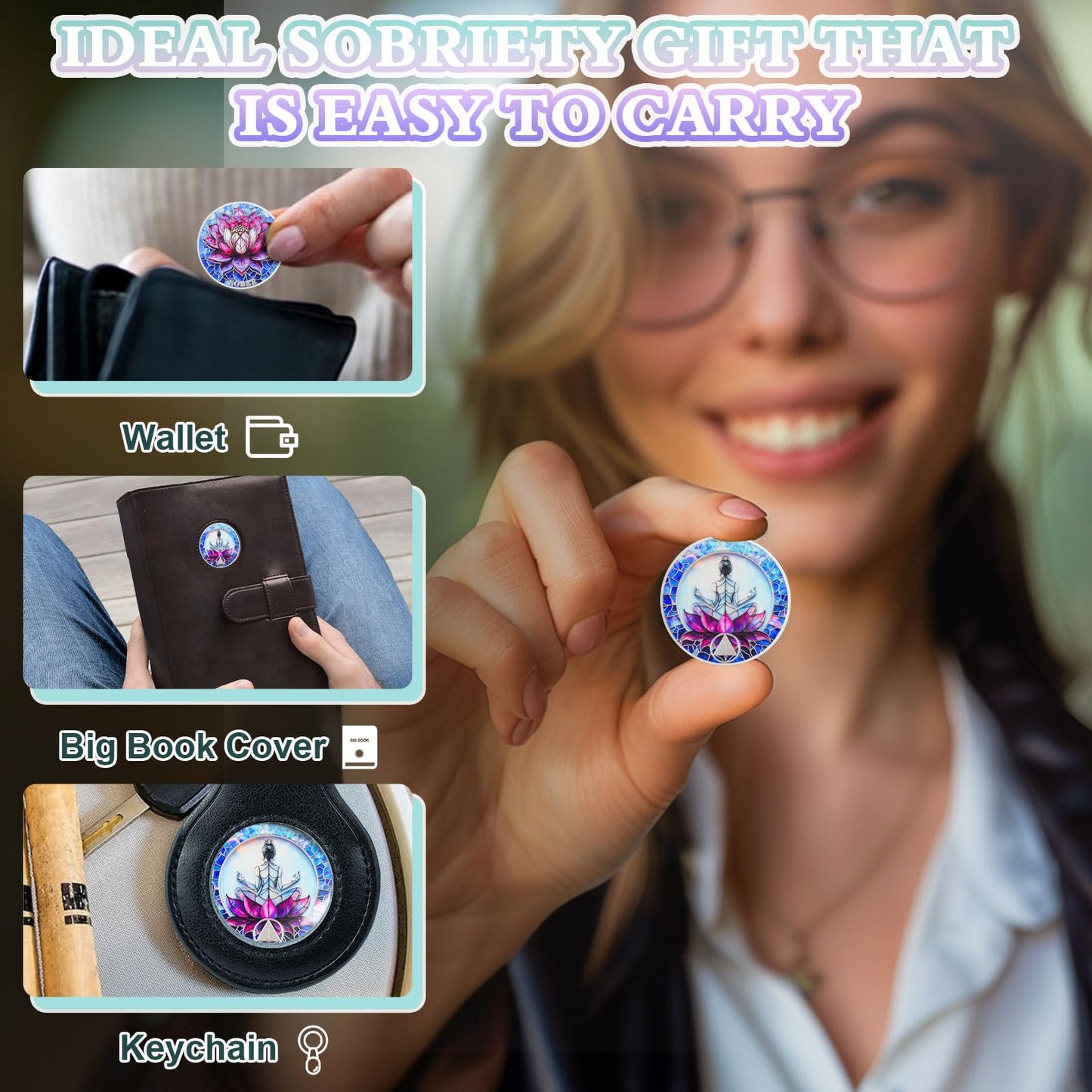 Meditation on the Lotus 1 Year Sobriety Coin - Rebirth & Calm AA Coin, Stained Glass Style Recovery Chip to Celebrate Alcohol Free Anniversary, Clean Living Sobriety Gifts for Women YRCKUDZKG