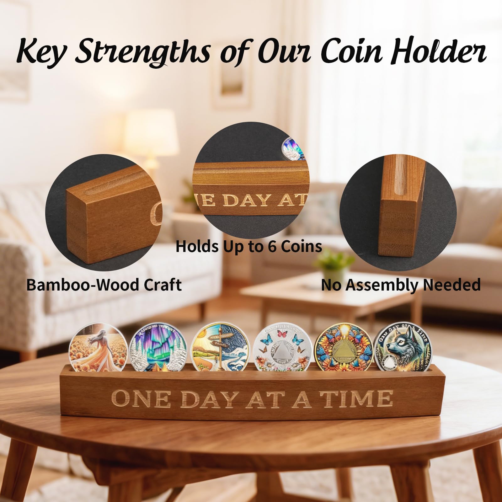 YRCKUDZKG AA Coin Holder, Sobriety Coin Holder Bamboo-Wood Craft Display Stand Holds 6 AA Chips NA Medallions, Coin Rack as Sobriety Gifts for Men & Women YRCKUDZKG