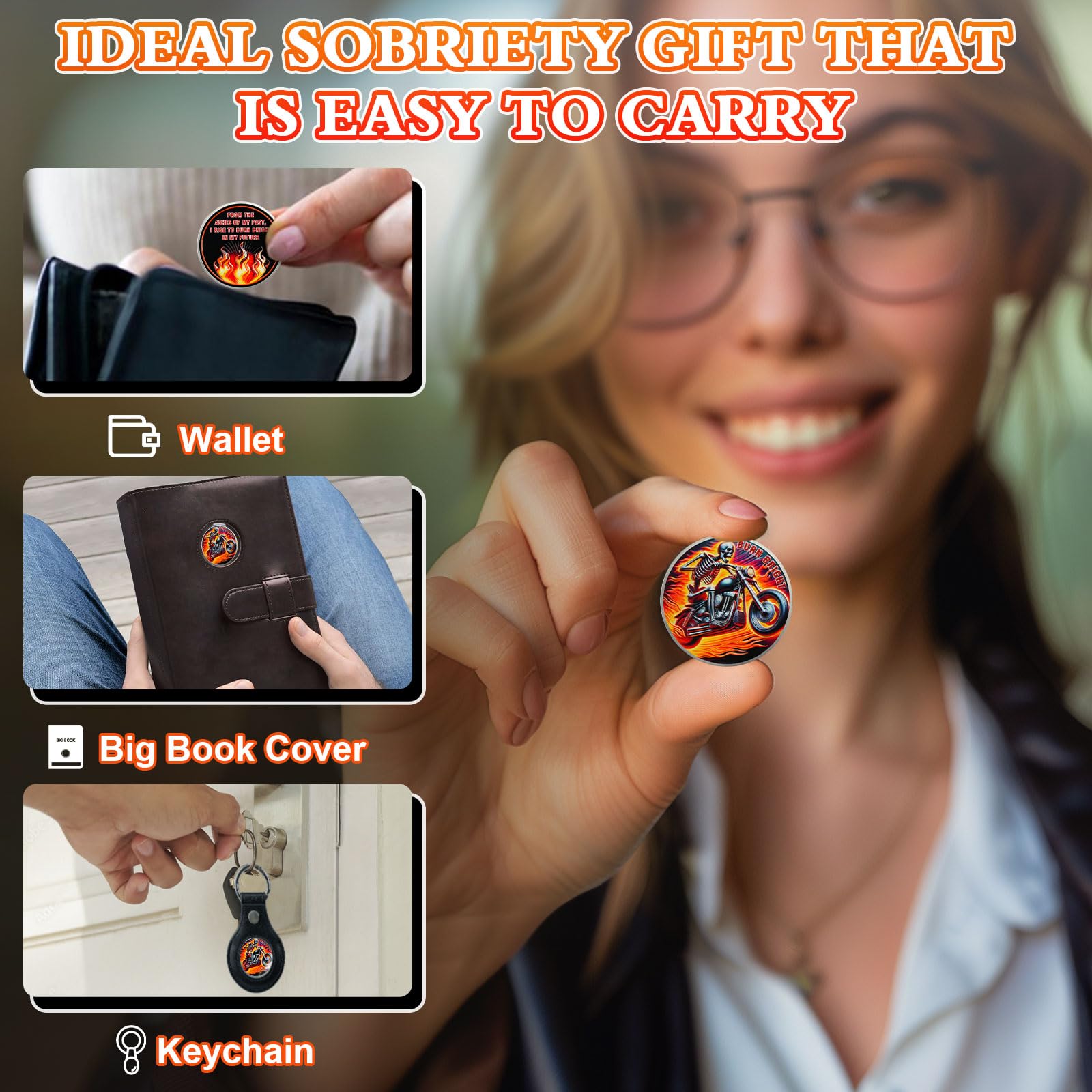 Skeleton Rider Sobriety Coin, Burn Bright NA AA Medallion - Inspirational Recovery Anniversary Token, Non-Religious Sobriety Gifts for Men Women, Addiction Recovery Affirmation Coin YRCKUDZKG