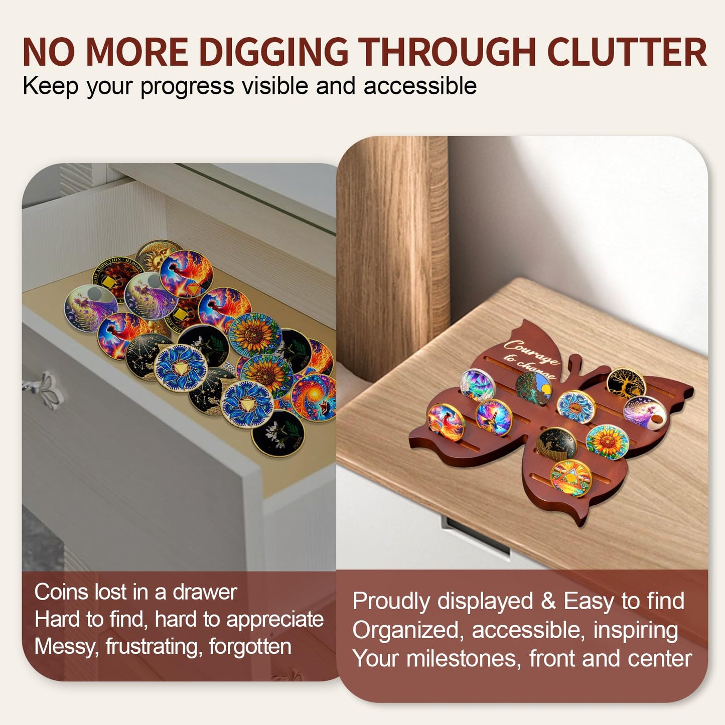 Solid Wood Sobriety Coin Holder Display Case with Courage to Change Design mysite