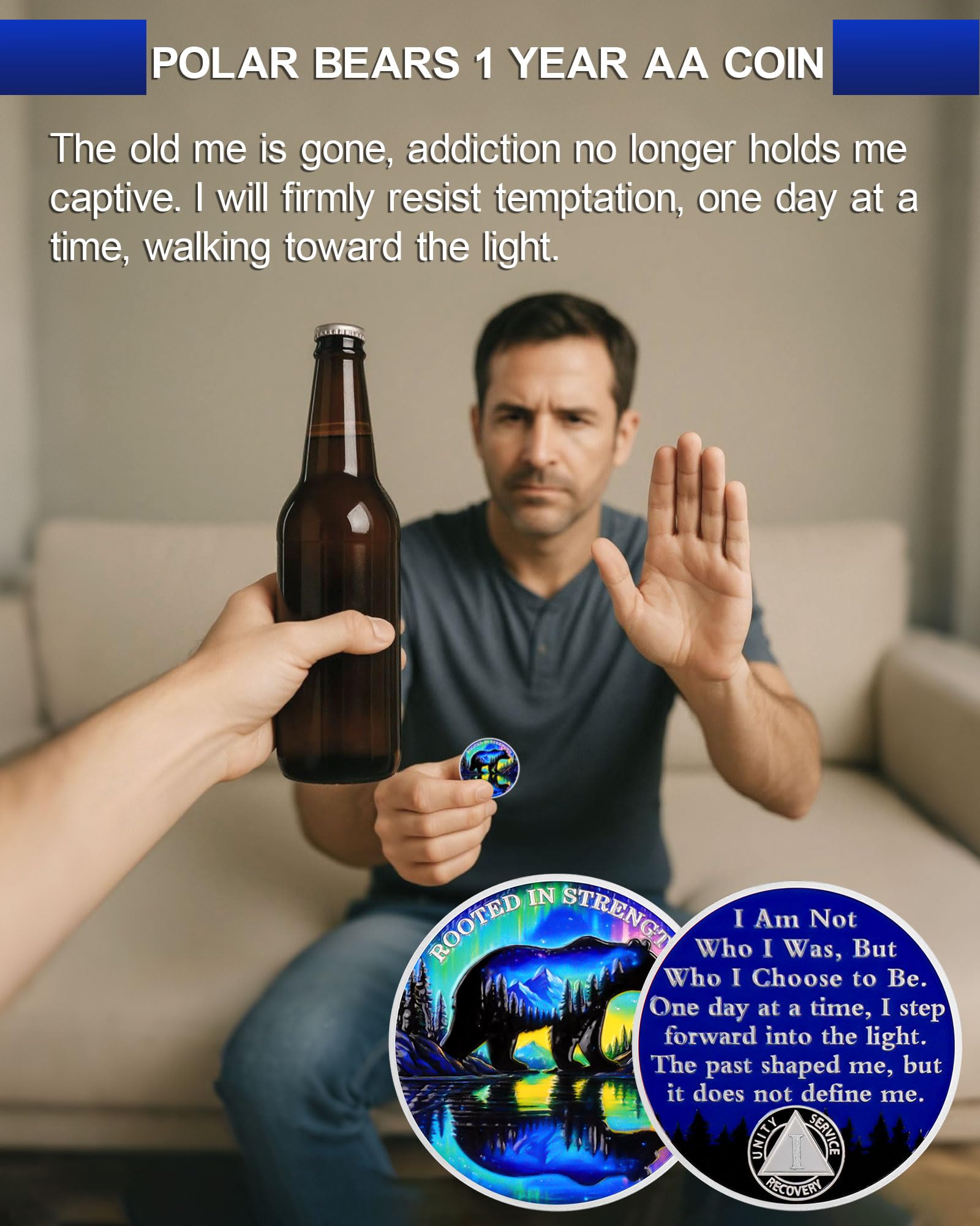 Rooted in Strength 1 Year Sobriety Coin – Bear & Aurora Design | AA Coin with Token Capsule, Sobriety Gifts for Men & Women, Alcohol Free Anniversary Celebration Gift YRCKUDZKG