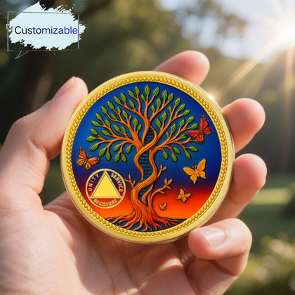Tree of Life and Butterflies 3 year sobriety coin personalized gift