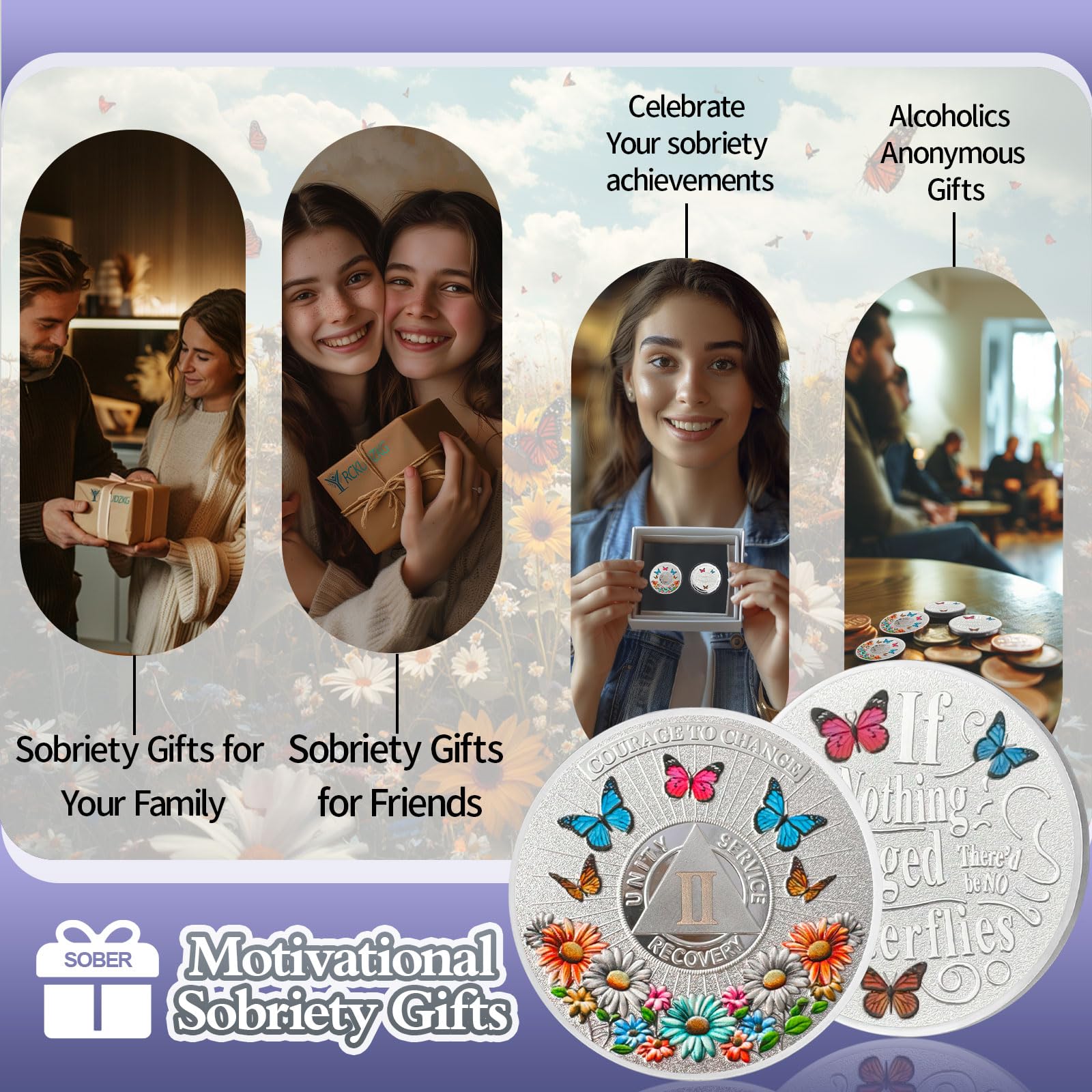 Colorful Sunflower 2 Year Sobriety Coin Butterfly Two Year Sobriety Chip Courage to Change AA Chips and Medallion Silver AA Coin Recovery Anniversary Token Sobriety Gifts for Men Women YRCKUDZKG