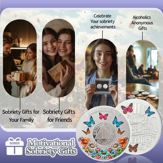 Colorful Sunflower 2 Year Sobriety Coin Butterfly Two Year Sobriety Chip Courage to Change AA Chips and Medallion Silver AA Coin Recovery Anniversary Token Sobriety Gifts for Men Women YRCKUDZKG