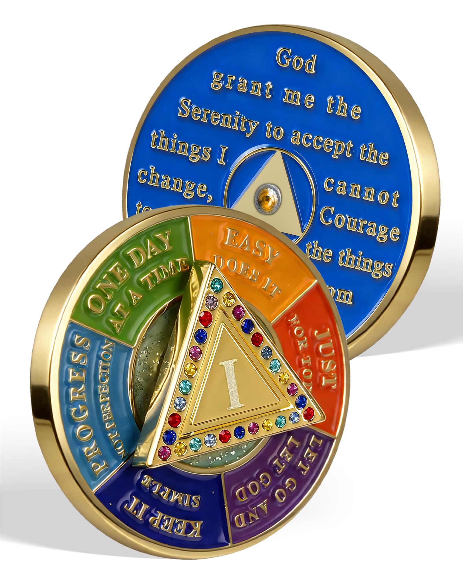1 Year Sobriety Coin with Rotating Triangle, AA Medallion with Colorful Crystals, Alcoholics Anonymous Sobriety Gifts for Men Women, Serenity Prayer & Mindfulness Spinner Token YRCKUDZKG