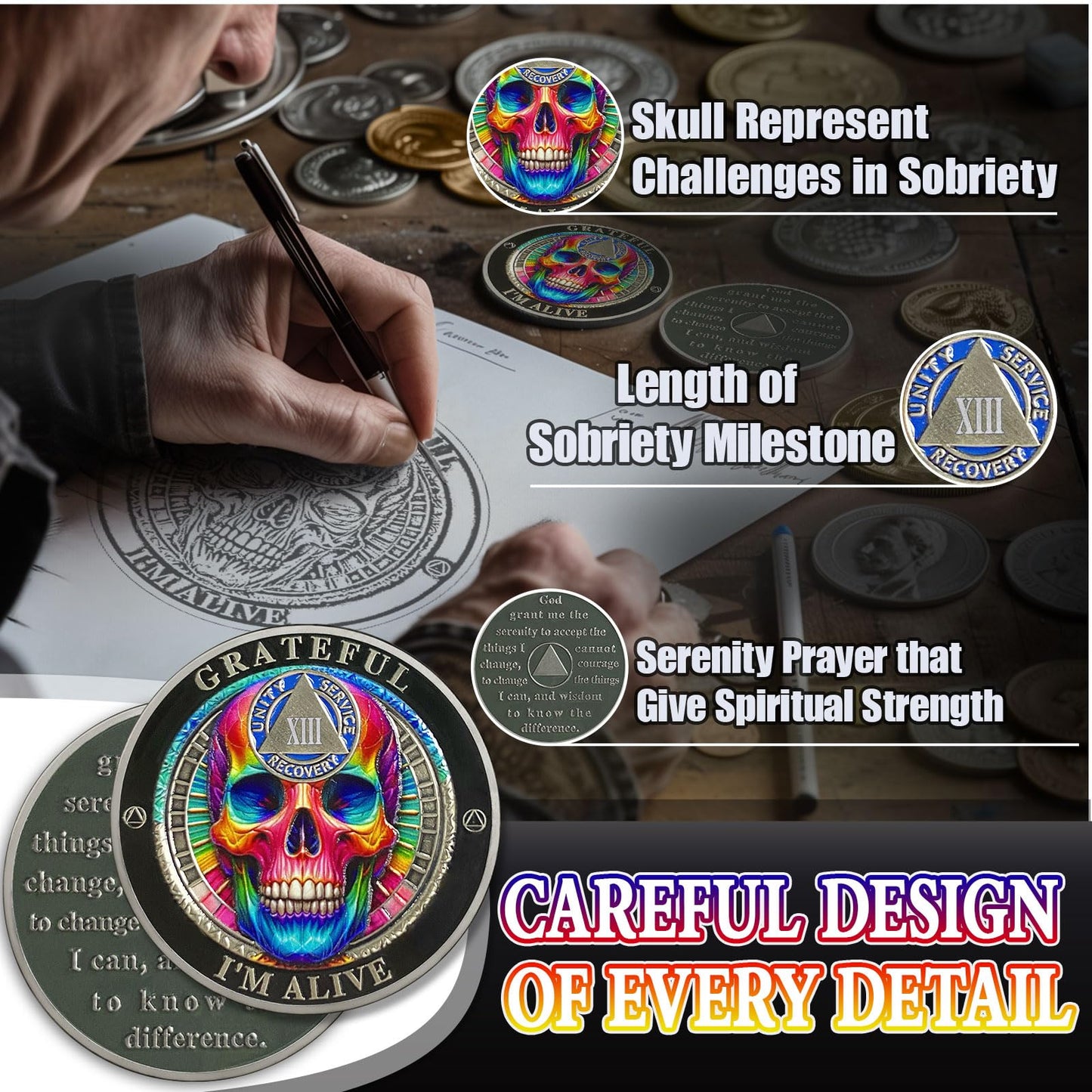 Rainbow Skull 13 Year Sobriety Coin, Grateful I'm Alive AA Coin - Clean AA Chips and Medallion - Thirteen Years Sober Medal with Serenity Prayer, Sobriety Gifts for Men Women YRCKUDZKG
