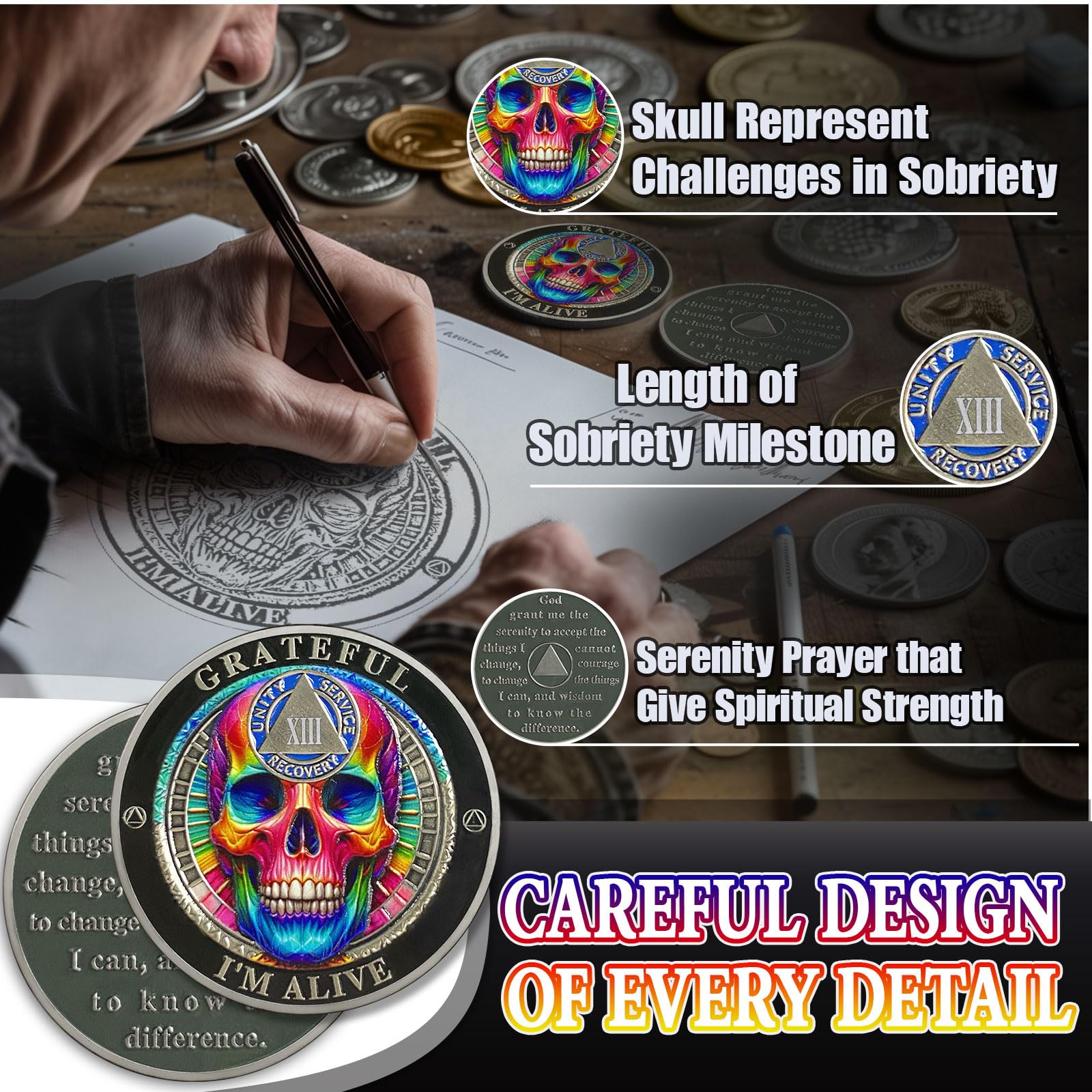 Rainbow Skull 13 Year Sobriety Coin, Grateful I'm Alive AA Coin - Clean AA Chips and Medallion - Thirteen Years Sober Medal with Serenity Prayer, Sobriety Gifts for Men Women YRCKUDZKG