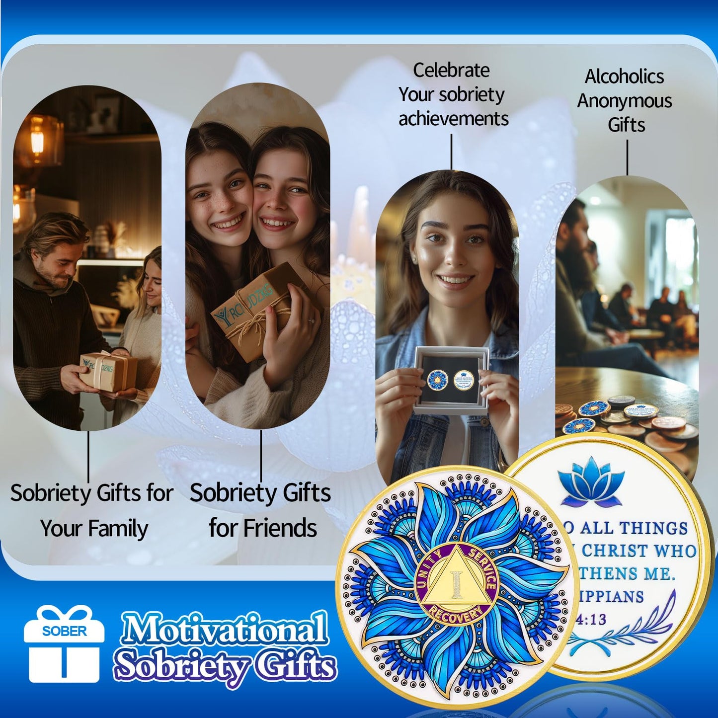 Blue Lotus 1 Year Sobriety Coin - Recovery & Growth AA Medallion, Recovery Chip with Bible Verses, Alcohol Free Anniversary Celebration AA Coin, Clean Living Sobriety Gifts for Men Women YRCKUDZKG