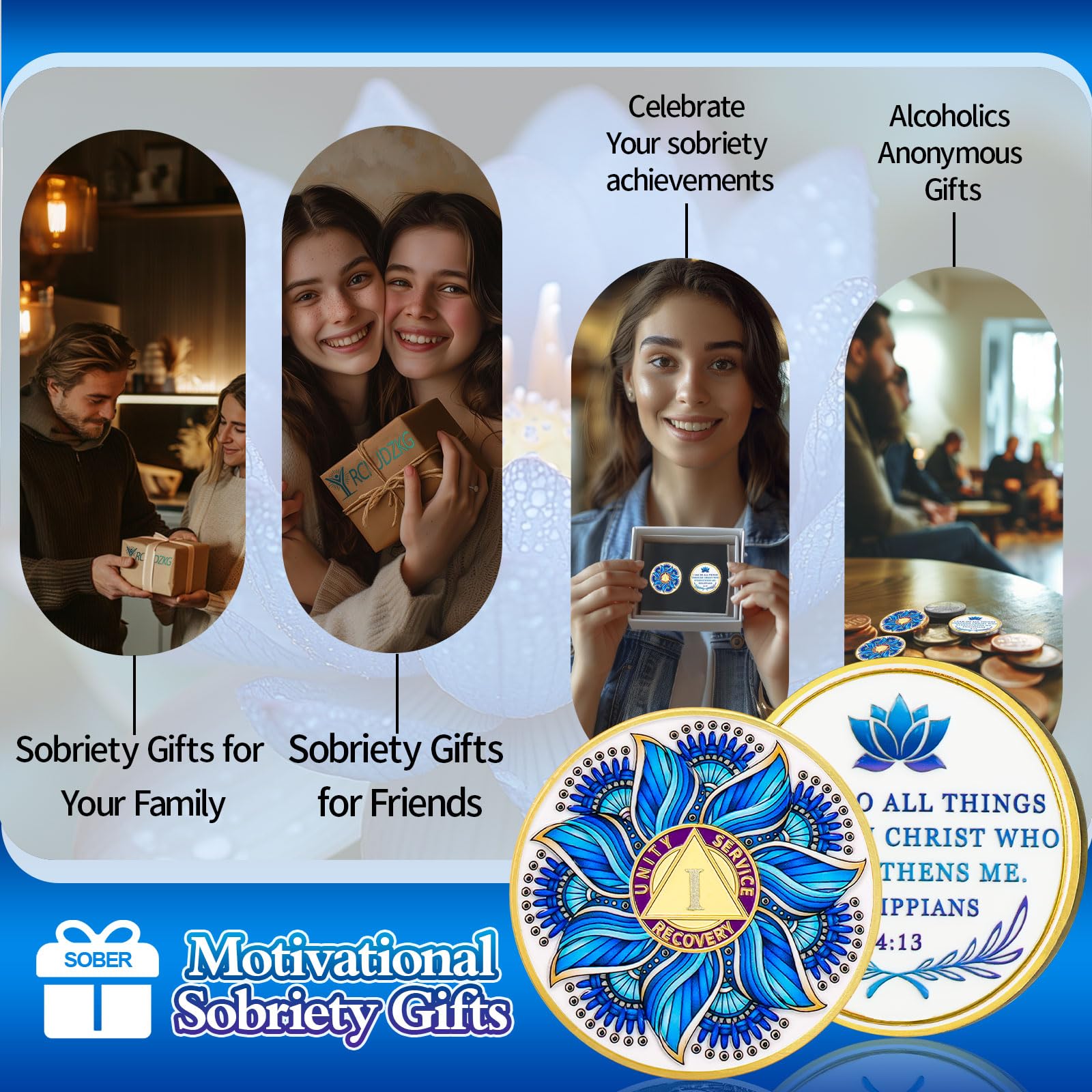 Blue Lotus 1 Year Sobriety Coin - Recovery & Growth AA Medallion, Recovery Chip with Bible Verses, Alcohol Free Anniversary Celebration AA Coin, Clean Living Sobriety Gifts for Men Women YRCKUDZKG