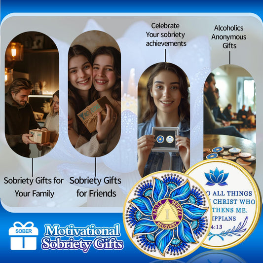 Blue Lotus 1 Year Sobriety Coin - Recovery & Growth AA Medallion, Recovery Chip with Bible Verses, Alcohol Free Anniversary Celebration AA Coin, Clean Living Sobriety Gifts for Men Women YRCKUDZKG