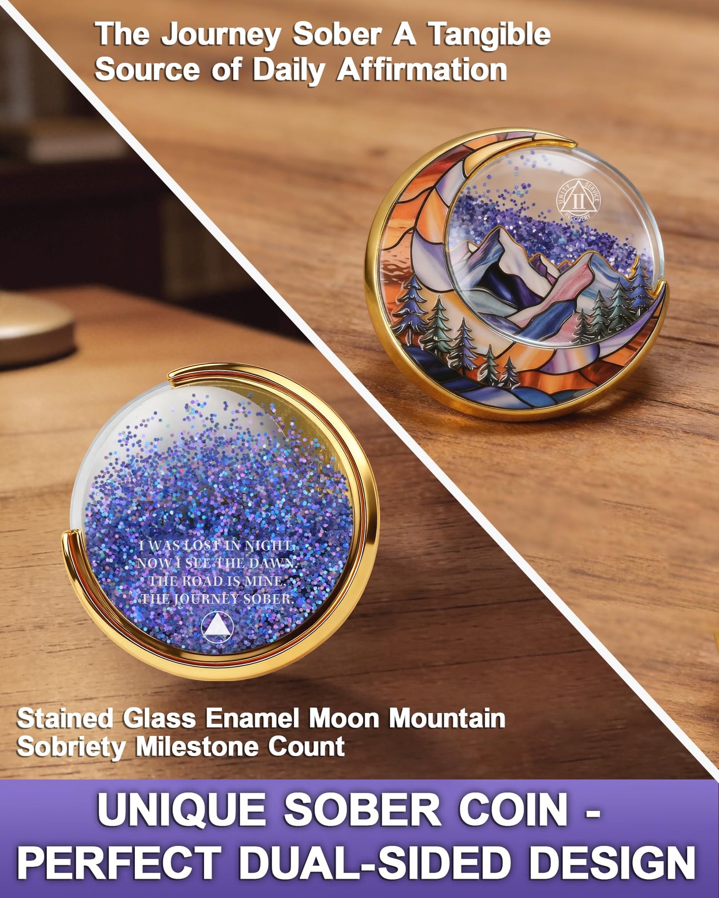 2 Year Sobriety Coin, Liquid Glitter Shaker AA Chip | Blue Quicksand Moon Mountain Design Recovery Milestone Medallion Sobriety Gift for Men & Women YRCKUDZKG