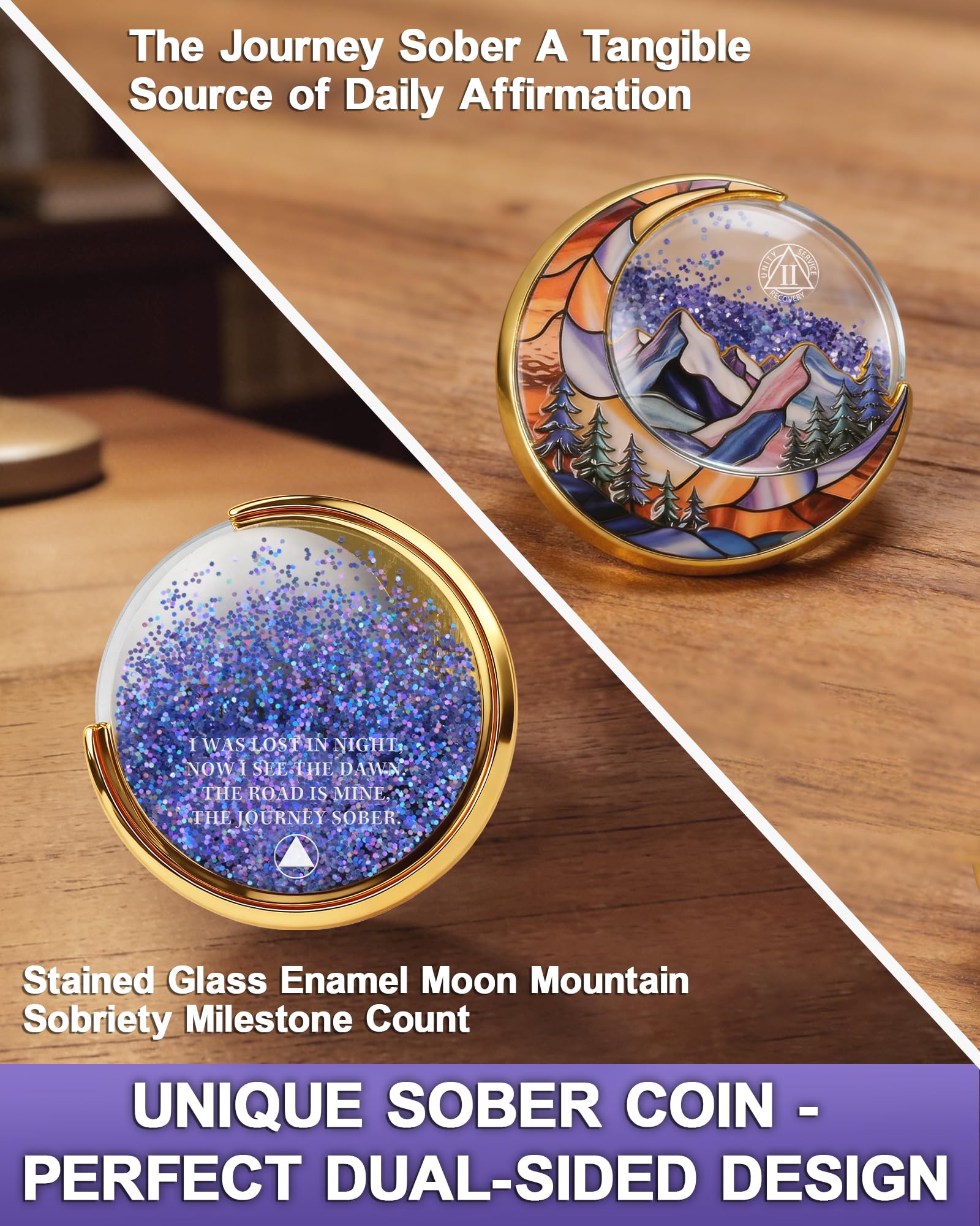 2 Year Sobriety Coin, Liquid Glitter Shaker AA Chip | Blue Quicksand Moon Mountain Design Recovery Milestone Medallion Sobriety Gift for Men & Women YRCKUDZKG
