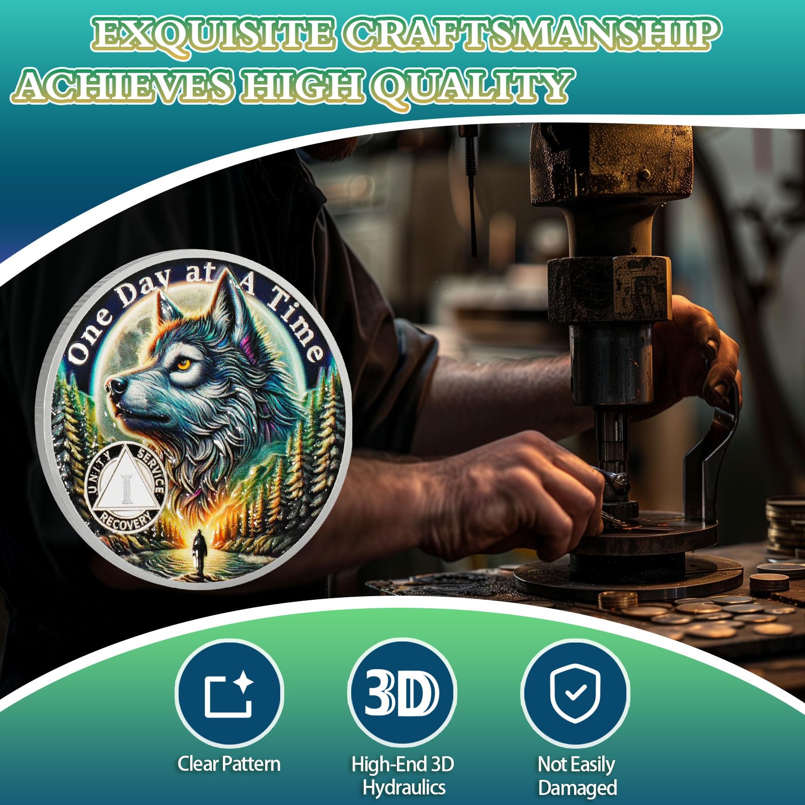 YRCKUDZKG Brave Wolf 1 Year Sobriety Coin - One Day at a Time AA Coin, Alcohol Free One Year Recovery Chip with Token Capsule, Inspirational Sobriety Gifts for Men & Women YRCKUDZKG