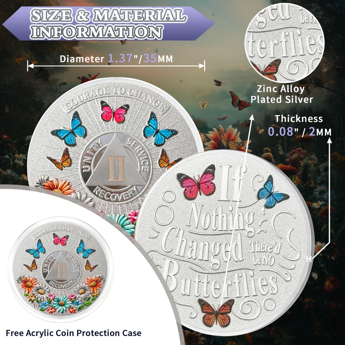 Colorful Sunflower 2 Year Sobriety Coin Butterfly Two Year Sobriety Chip Courage to Change AA Chips and Medallion Silver AA Coin Recovery Anniversary Token Sobriety Gifts for Men Women YRCKUDZKG