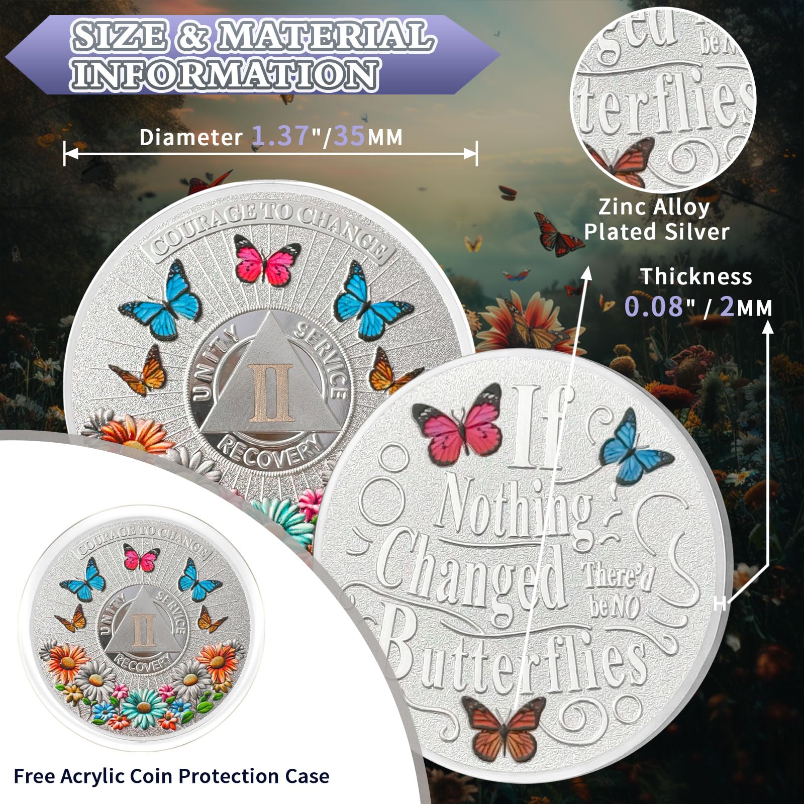 Colorful Sunflower 2 Year Sobriety Coin Butterfly Two Year Sobriety Chip Courage to Change AA Chips and Medallion Silver AA Coin Recovery Anniversary Token Sobriety Gifts for Men Women YRCKUDZKG