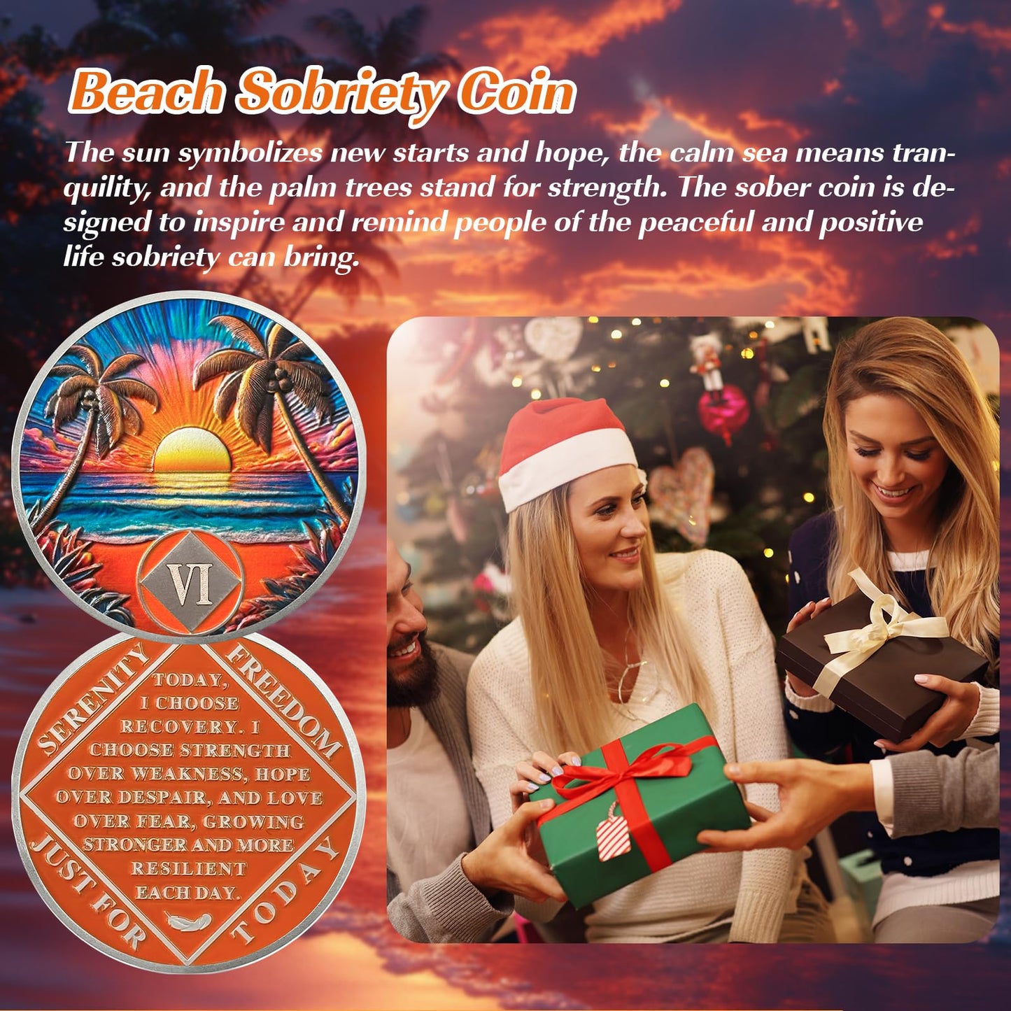 Beach Sunset 6 Year Sobriety Coin, Affirmation NA Coin, Addiction Recovery Six Year Sober Chip, Celebrating Recovery Anniversary Token, Narcotics Anonymous Sobriety Gifts for Men Women Vitalway