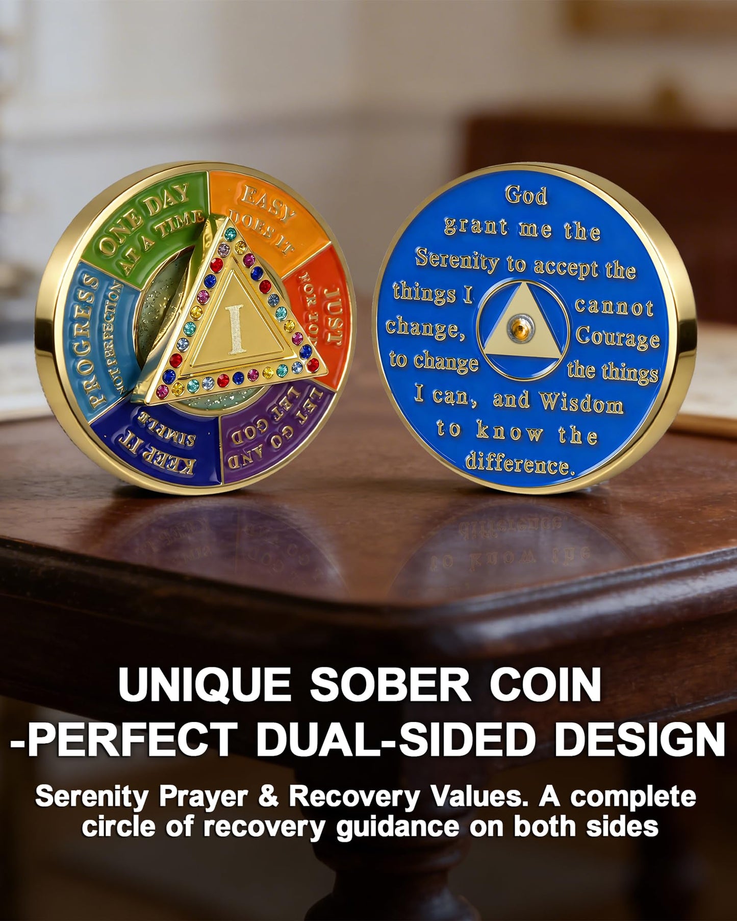1 Year Sobriety Coin with Rotating Triangle, AA Medallion with Colorful Crystals, Alcoholics Anonymous Sobriety Gifts for Men Women, Serenity Prayer & Mindfulness Spinner Token YRCKUDZKG