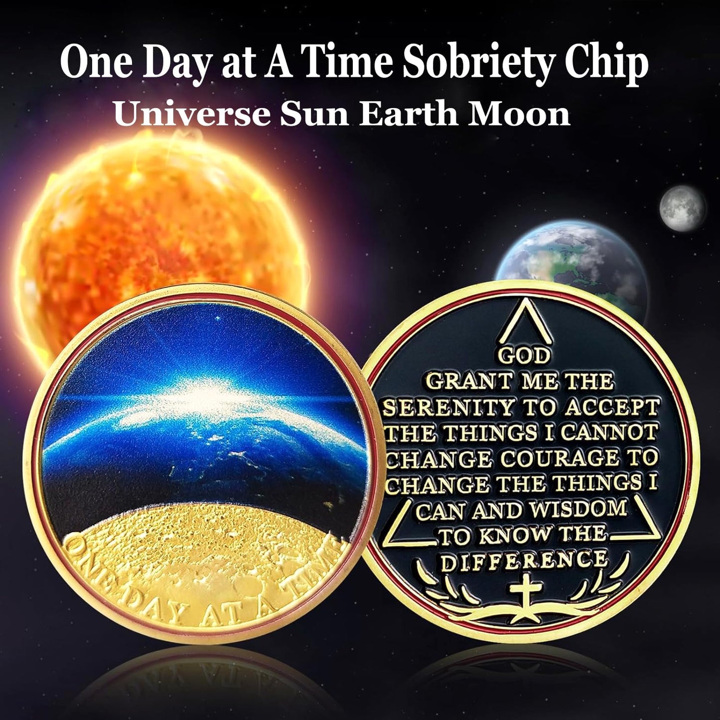 Universe Sun Moon Earth One Day at A Time Sobriety Coin mysite