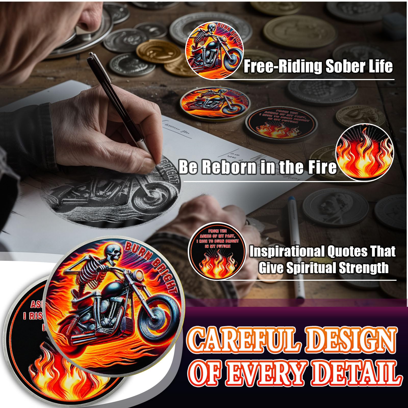 Skeleton Rider Sobriety Coin, Burn Bright NA AA Medallion - Inspirational Recovery Anniversary Token, Non-Religious Sobriety Gifts for Men Women, Addiction Recovery Affirmation Coin YRCKUDZKG