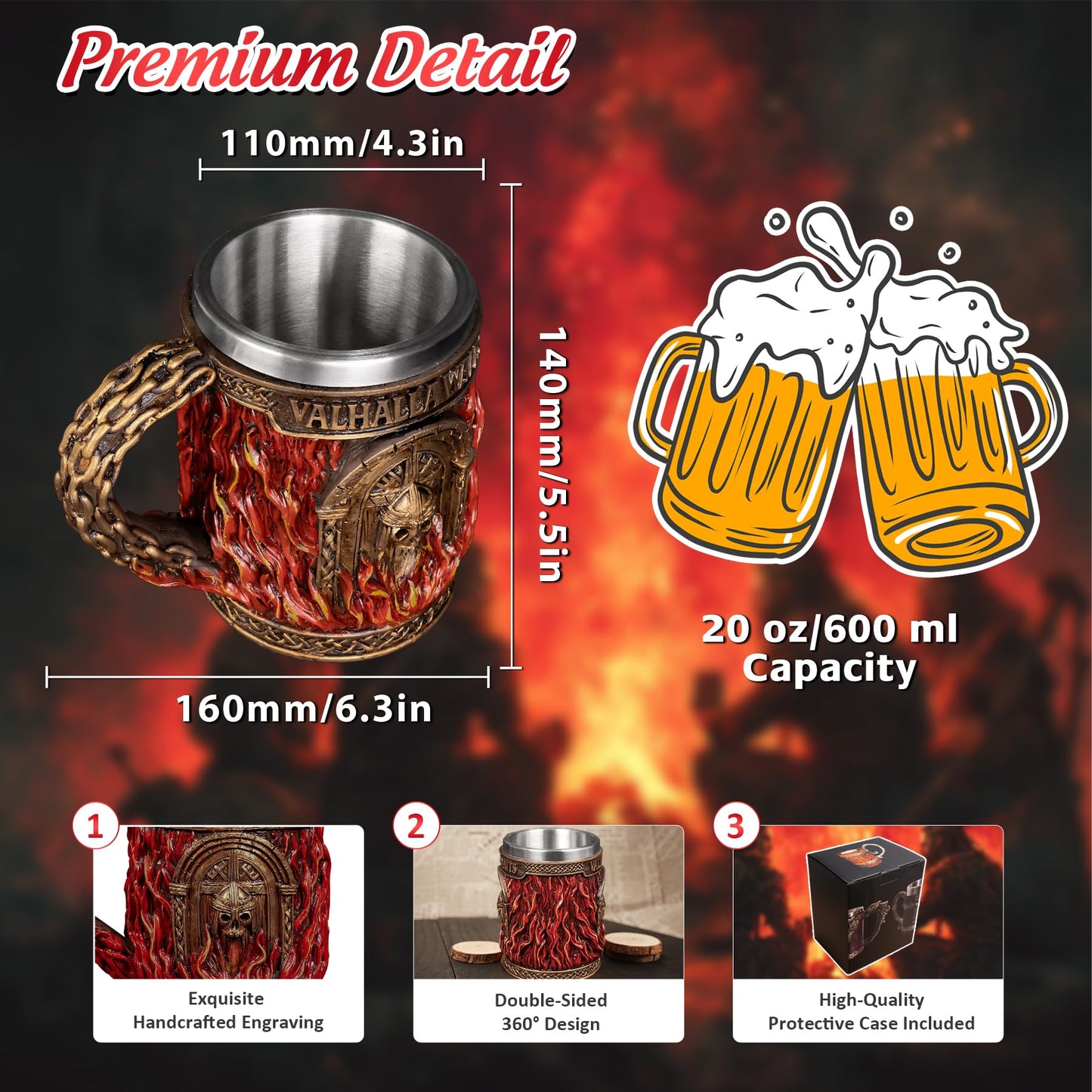 Glory Handmade Viking Mug - 20oz Valhalla Gate Beer Stein - 304 Stainless Steel Novelty Norse Mythology Cup mysite