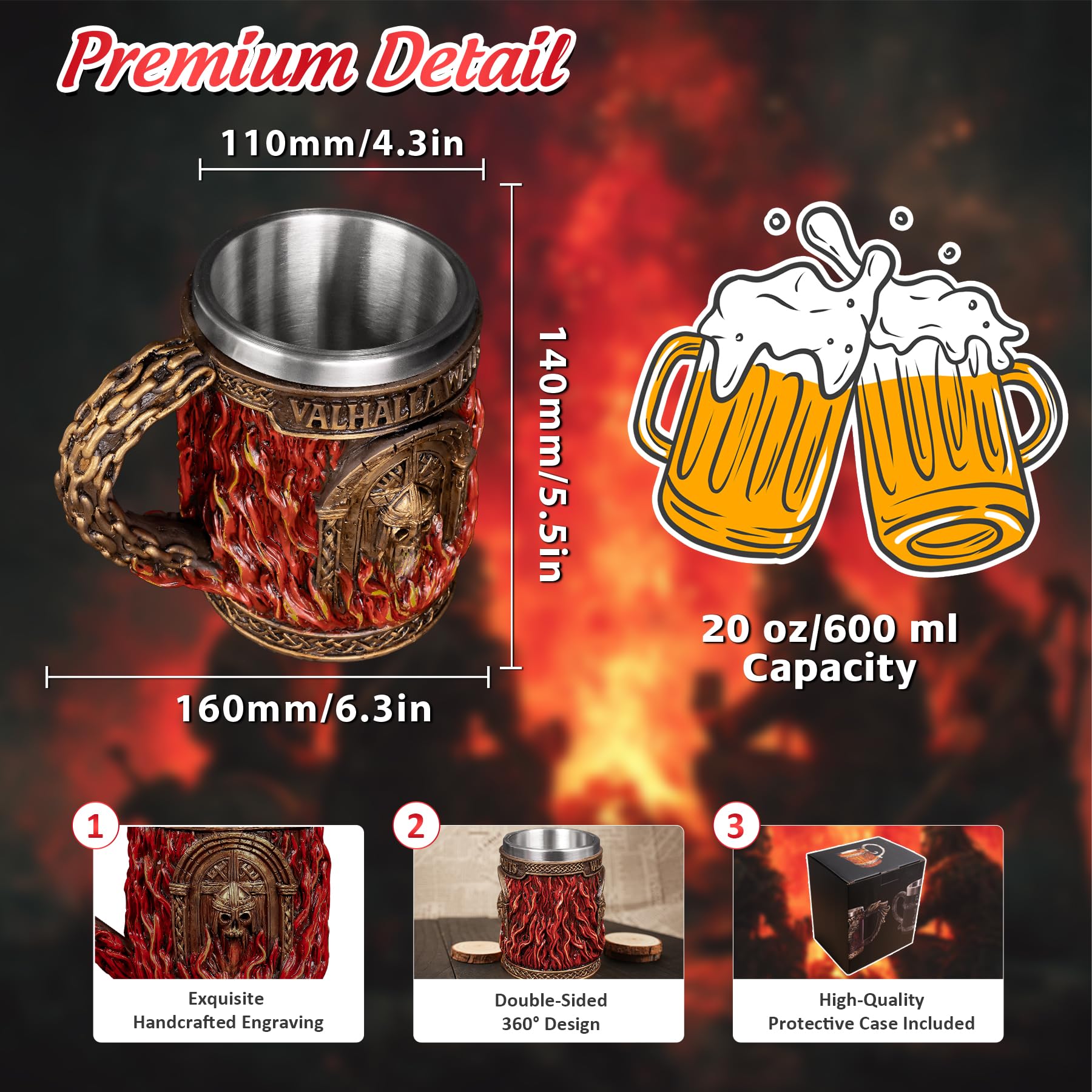 Glory Handmade Viking Mug - 20oz Valhalla Gate Beer Stein - 304 Stainless Steel Novelty Norse Mythology Cup mysite
