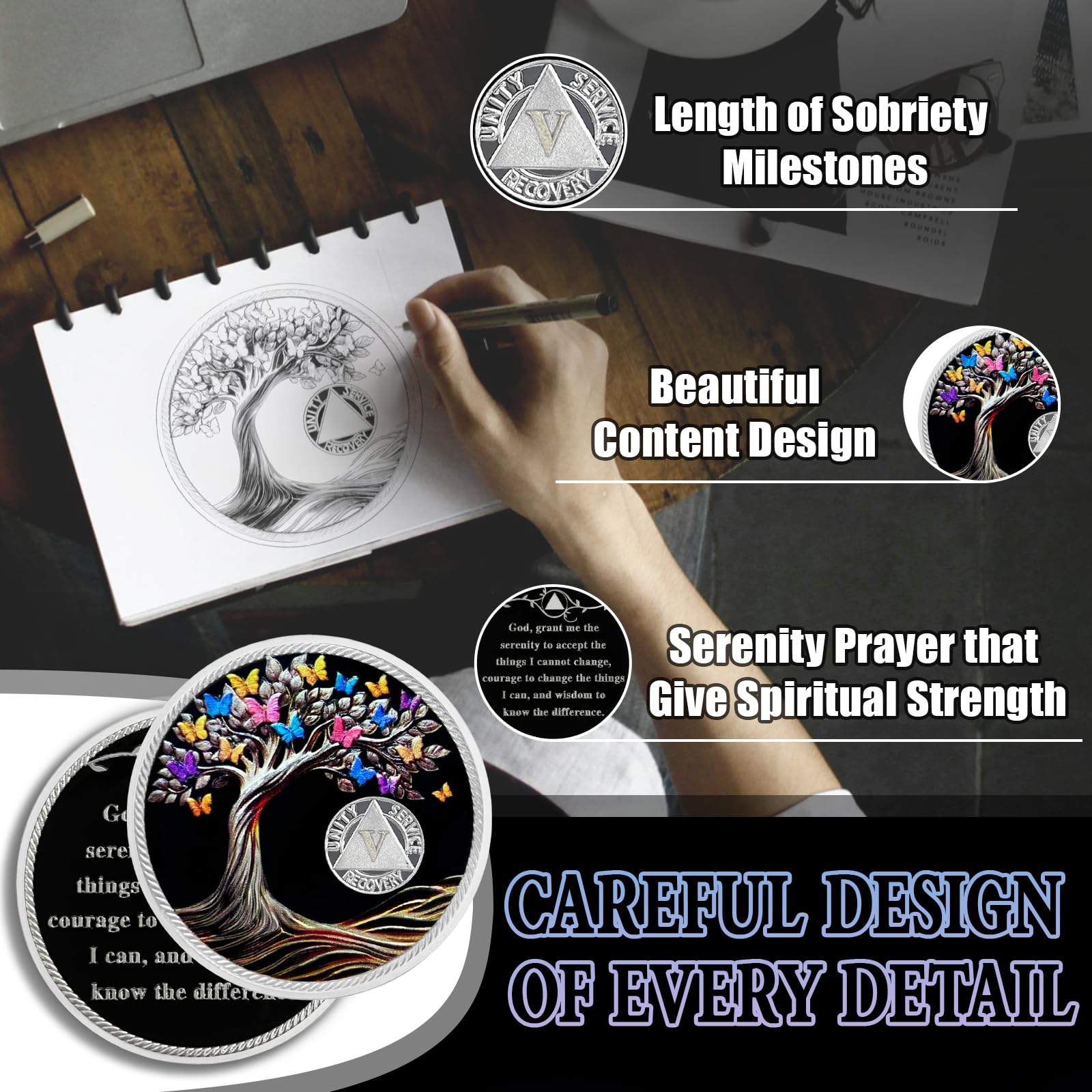 5 Years Sobriety Coin Butterfly Tree of Life AA Chips and Medallions Sobriety Recovery Chip Sober Token Sobriety Gifts for Men Women Celebrating Alcoholics Anonymous Recovery YRCKUDZKG