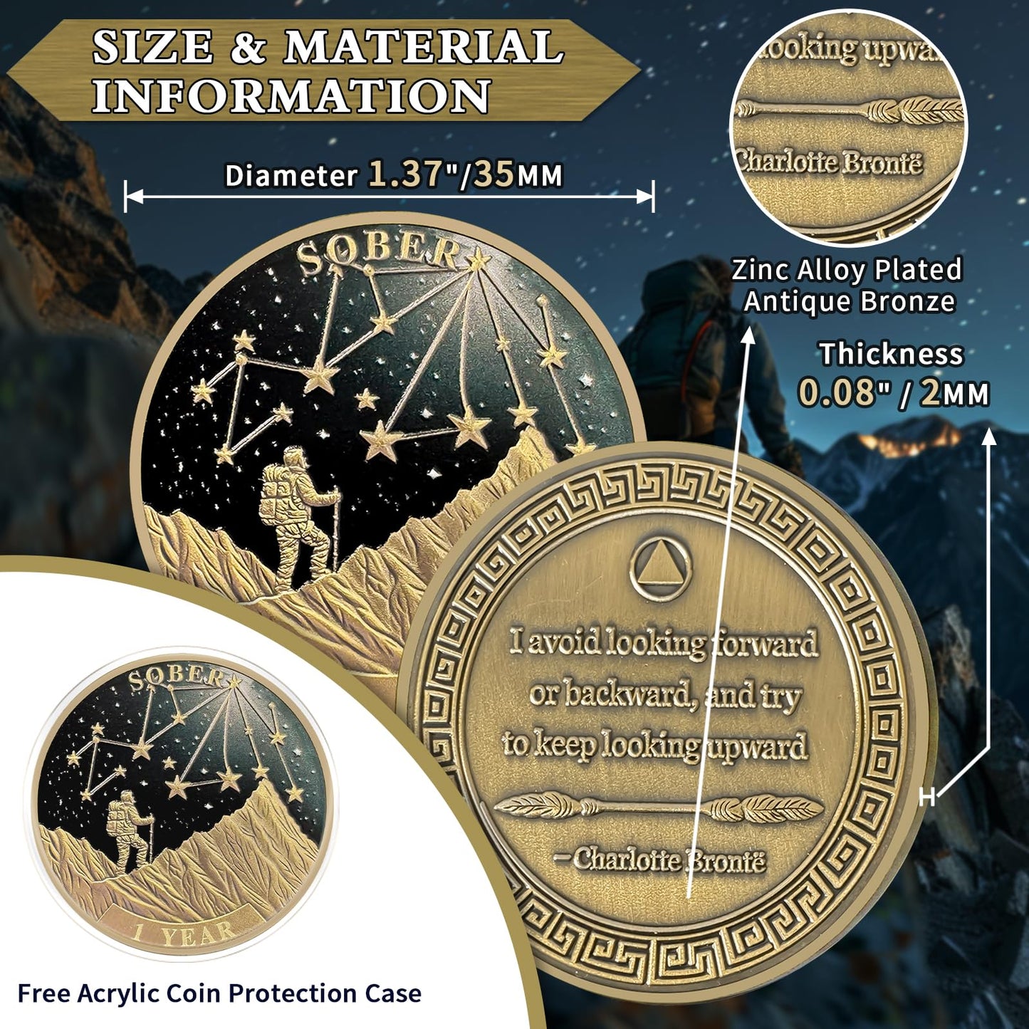 Under the Stars Pathfinder 1 Year Sobriety Coin, Explore Hope AA Coin - Bronze One Year Sober Medallions with Inspirational Quotes, Personalized Affirmation Sobriety Gifts for Men and Women YRCKUDZKG