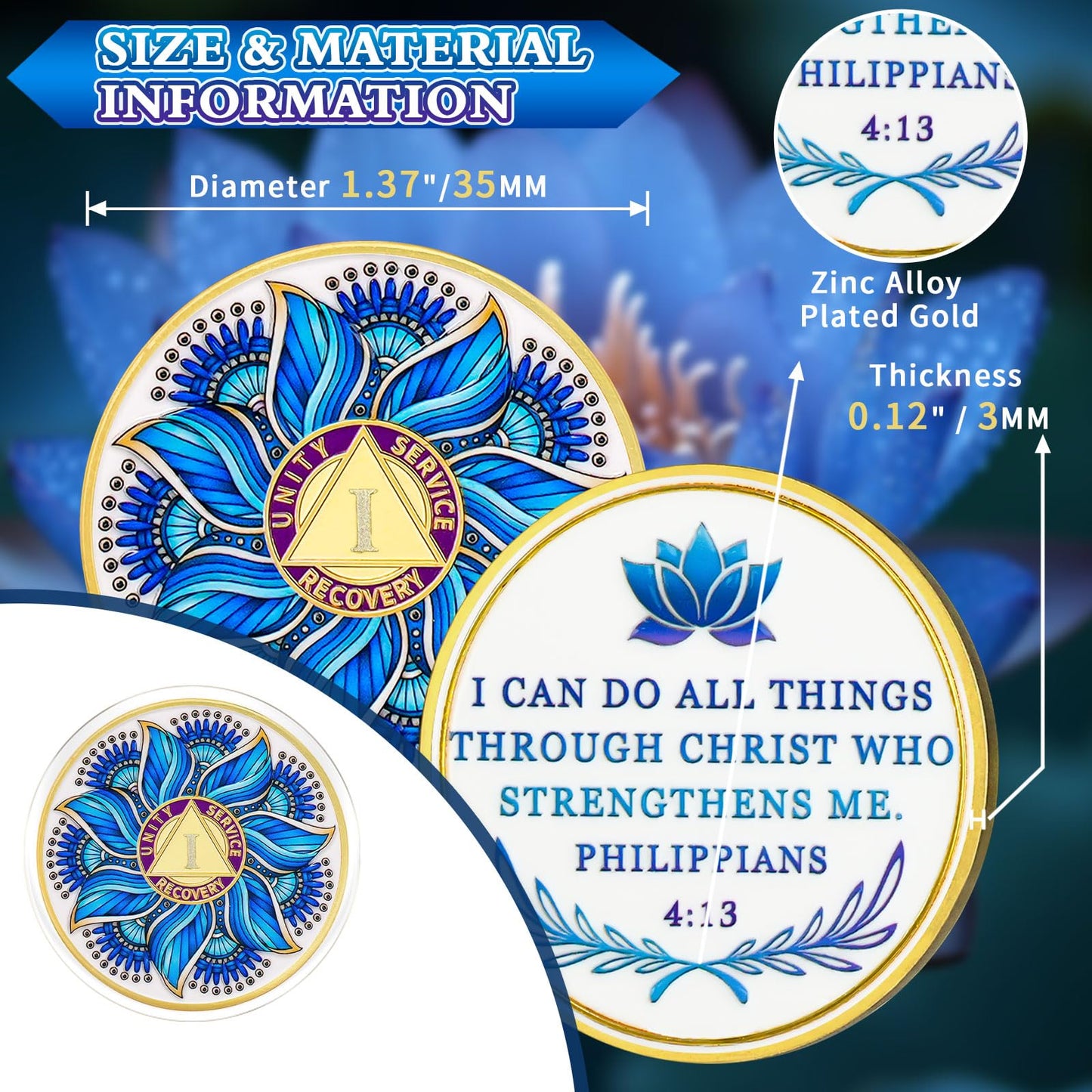 Blue Lotus 1 Year Sobriety Coin - Recovery & Growth AA Medallion, Recovery Chip with Bible Verses, Alcohol Free Anniversary Celebration AA Coin, Clean Living Sobriety Gifts for Men Women YRCKUDZKG
