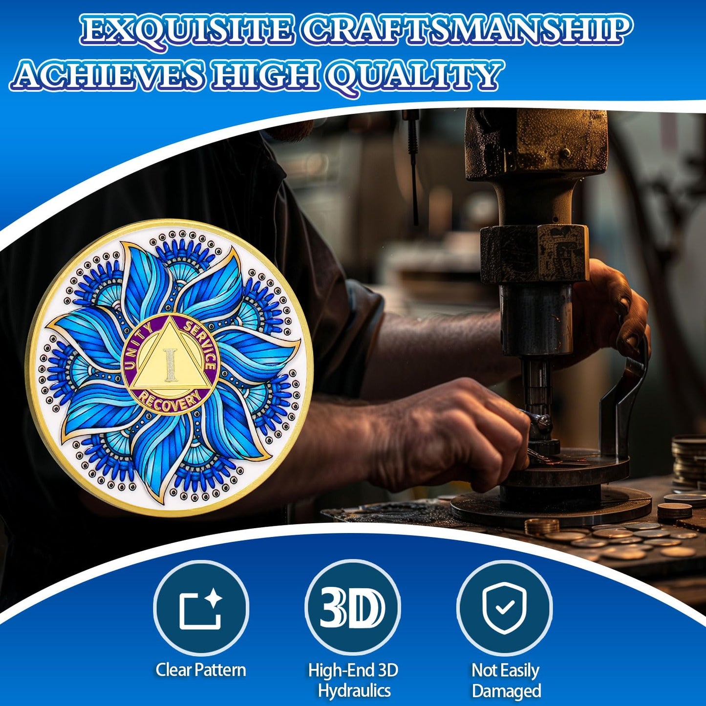 Blue Lotus 1 Year Sobriety Coin - Recovery & Growth AA Medallion, Recovery Chip with Bible Verses, Alcohol Free Anniversary Celebration AA Coin, Clean Living Sobriety Gifts for Men Women YRCKUDZKG