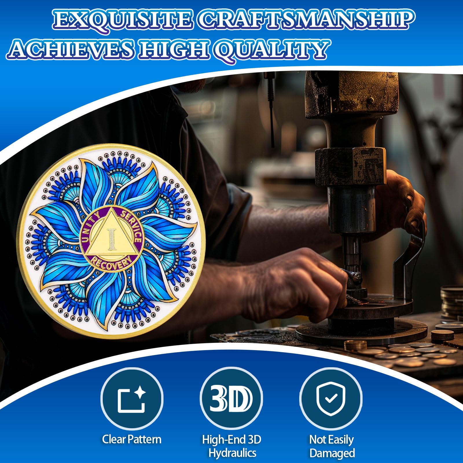 Blue Lotus 1 Year Sobriety Coin - Recovery & Growth AA Medallion, Recovery Chip with Bible Verses, Alcohol Free Anniversary Celebration AA Coin, Clean Living Sobriety Gifts for Men Women YRCKUDZKG