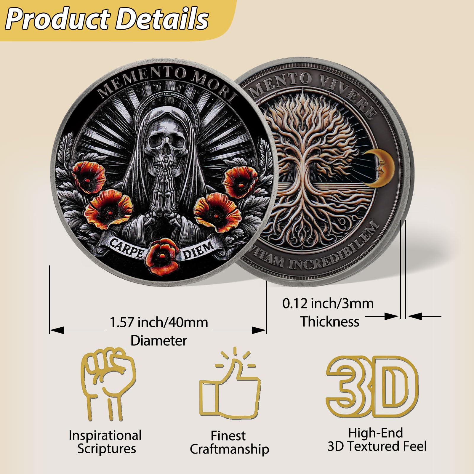 Memento Mori Vivere Coin Skull and Tree of Life Stoic Challenge Coin mysite