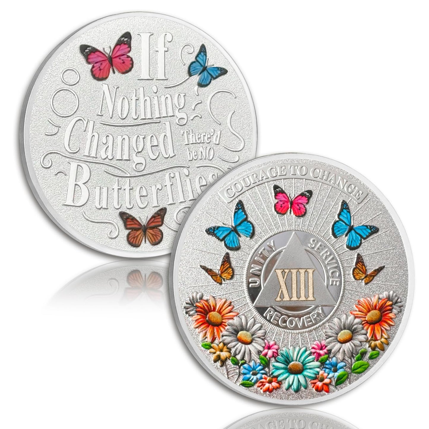 Colorful Sunflower 35 Year Sobriety Coin, Butterfly AA Coin - Courage to Change AA Chips and Medallion - Clean Thirty Year Sober Chip - Silver Recovery AA Chip - Sobriety Gifts for Women Men Eterna Paths
