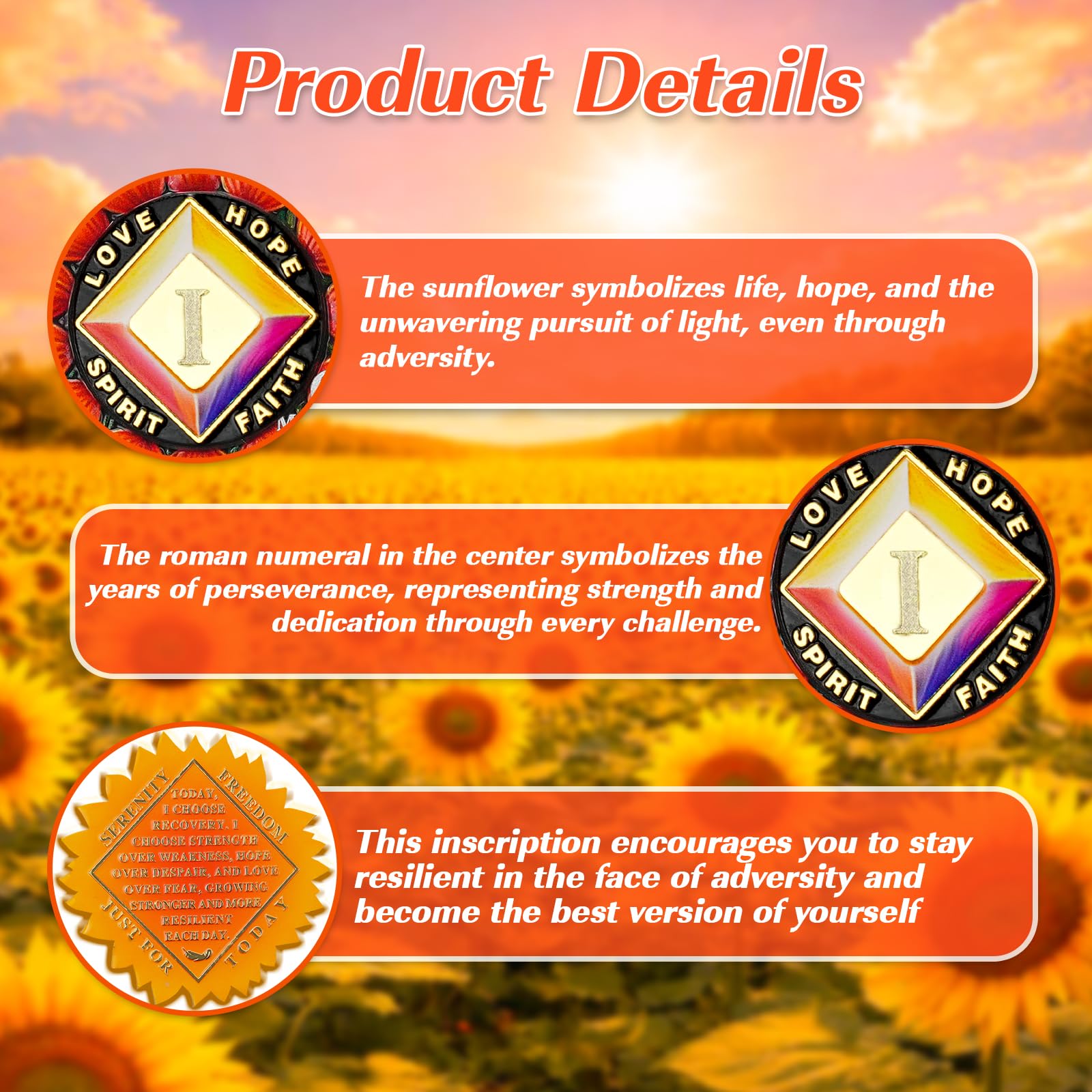 Vitalway Sunflower Rebirth 1 Year Sobriety Coin, Motivational AA Medallion for Strength, Hope, Faith, and Personal Growth, Perfect Recovery Token Sobriety Gift for Men and Women Vitalway