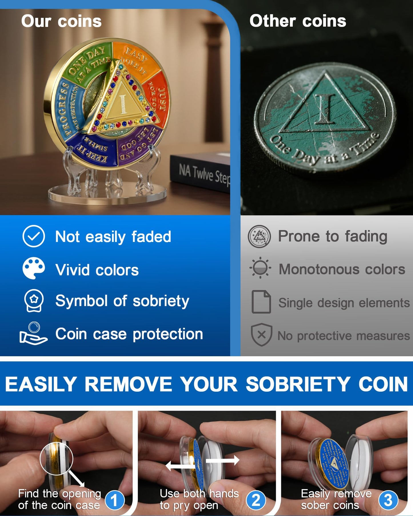 1 Year Sobriety Coin with Rotating Triangle, AA Medallion with Colorful Crystals, Alcoholics Anonymous Sobriety Gifts for Men Women, Serenity Prayer & Mindfulness Spinner Token YRCKUDZKG