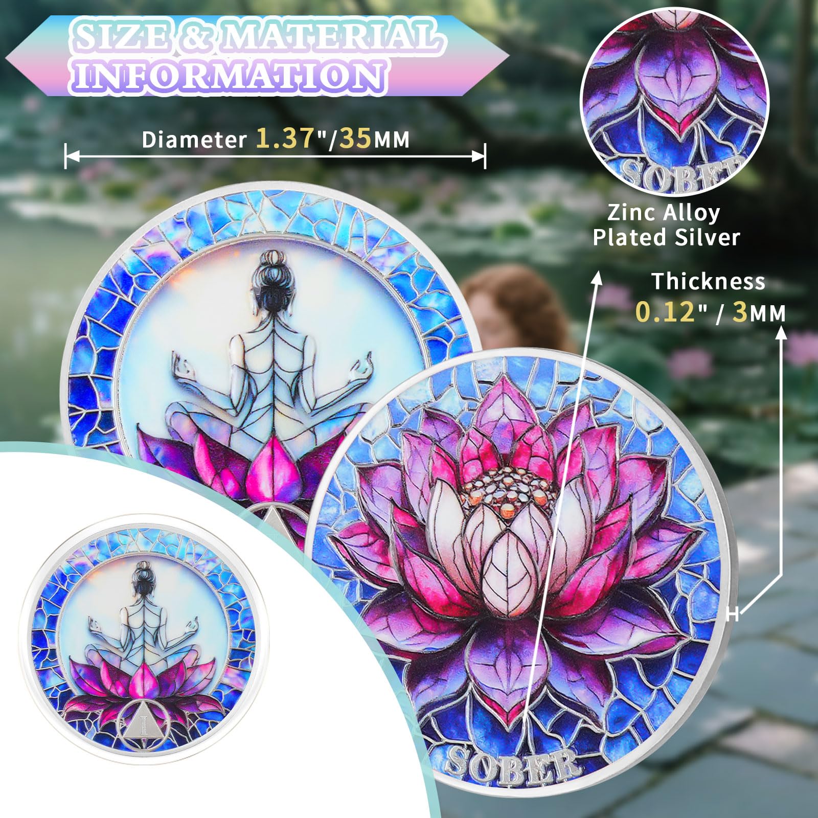 Meditation on the Lotus 1 Year Sobriety Coin - Rebirth & Calm AA Coin, Stained Glass Style Recovery Chip to Celebrate Alcohol Free Anniversary, Clean Living Sobriety Gifts for Women YRCKUDZKG