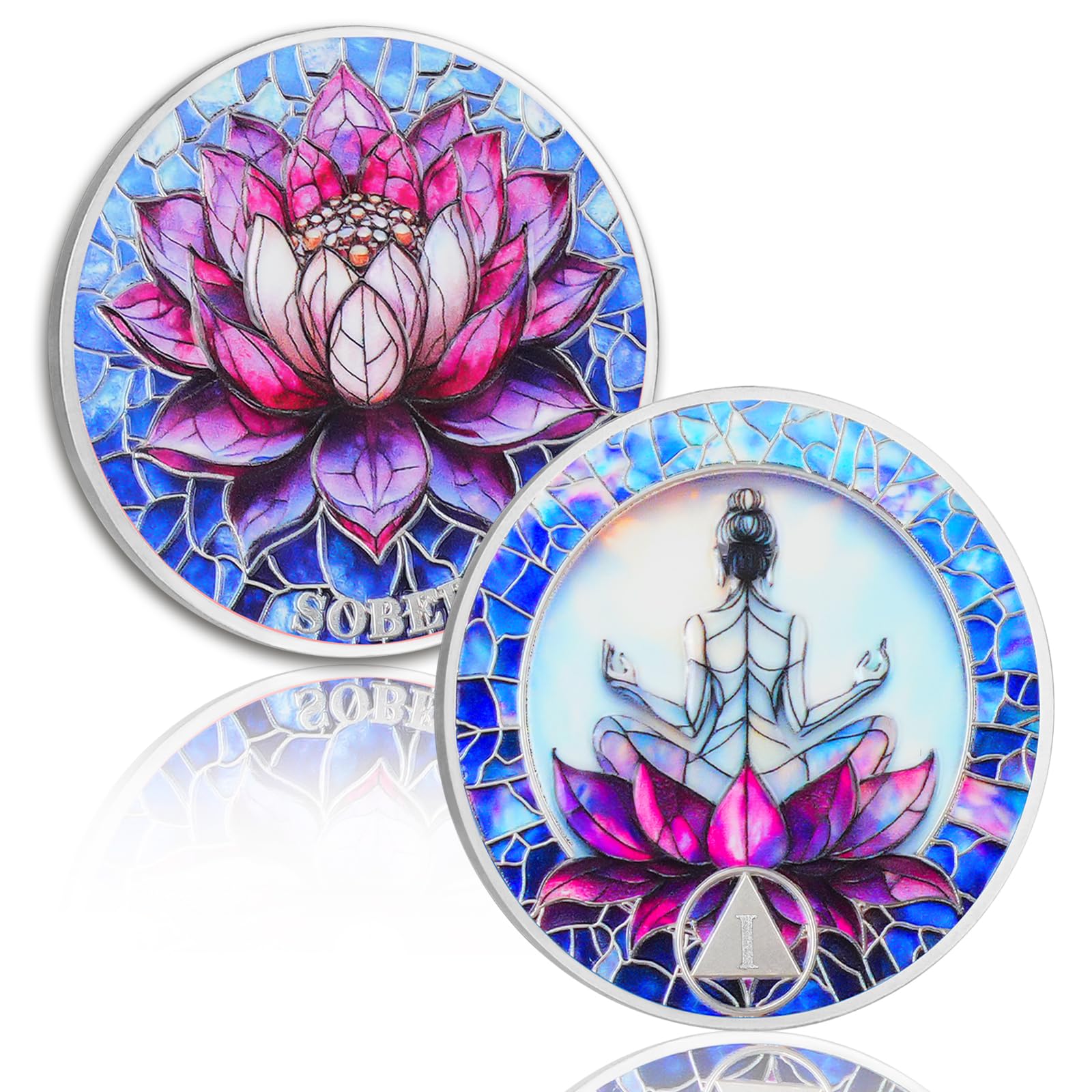 Meditation on the Lotus 1 Year Sobriety Coin - Rebirth & Calm AA Coin, Stained Glass Style Recovery Chip to Celebrate Alcohol Free Anniversary, Clean Living Sobriety Gifts for Women YRCKUDZKG