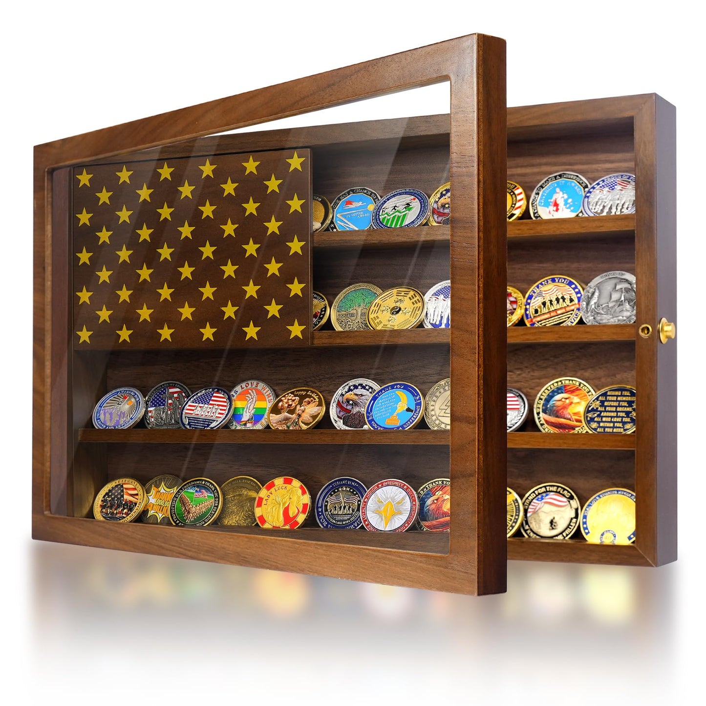 Anti-Fade Acrylic Door / Wooden Wall Mounted Coin Display Stand with Magnetic American Flag Holds 64-73 Coins mysite