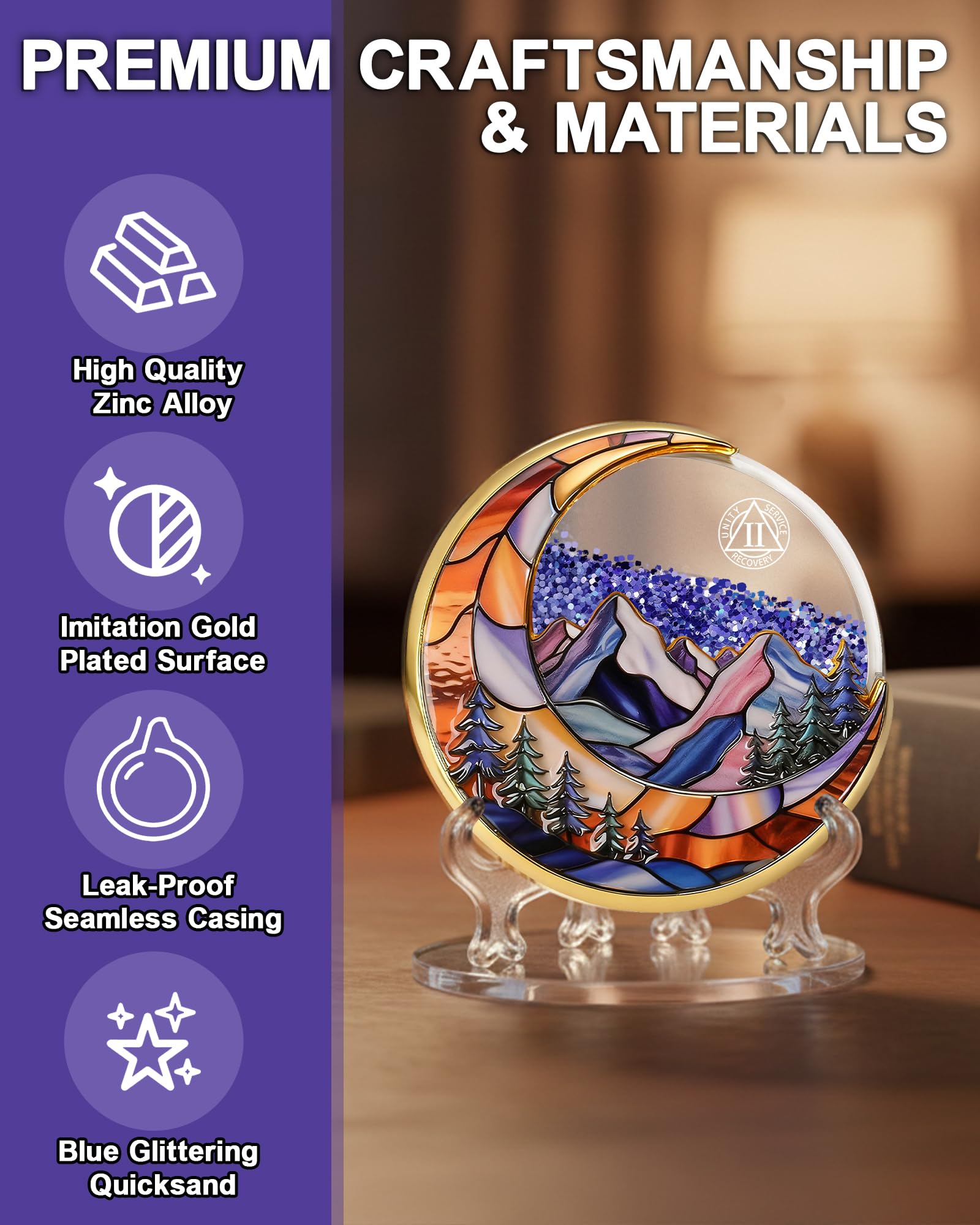 2 Year Sobriety Coin, Liquid Glitter Shaker AA Chip | Blue Quicksand Moon Mountain Design Recovery Milestone Medallion Sobriety Gift for Men & Women YRCKUDZKG
