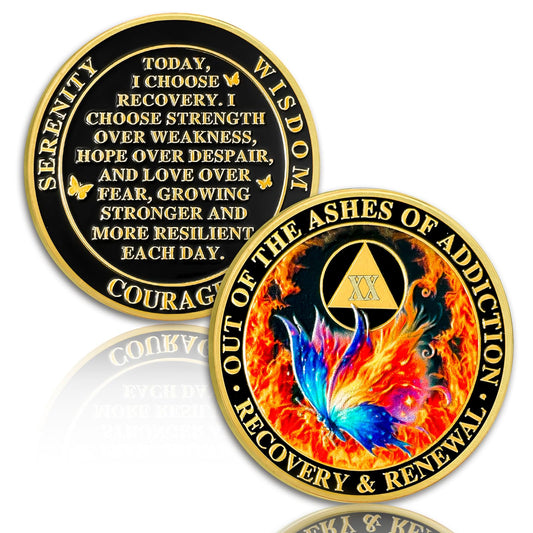 Butterfly in the Fire 20 Year Sobriety Coin Recovery and Renewal Twenty Year Sobriety Chip AA Chips and Medallion AA Coin Recovery Chip Sobriety Gifts for Men Women Alcoholics Anonymous Gift YRCKUDZKG