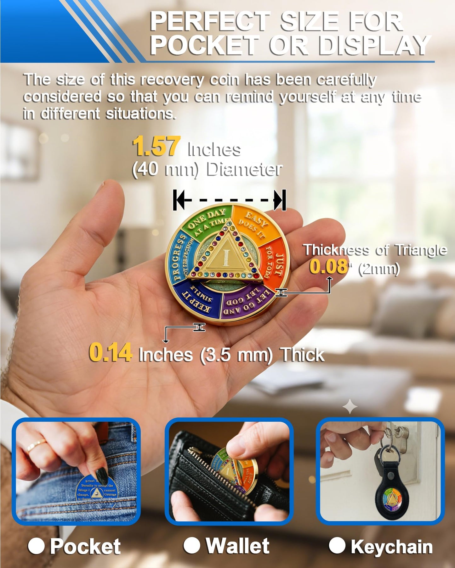 1 Year Sobriety Coin with Rotating Triangle, AA Medallion with Colorful Crystals, Alcoholics Anonymous Sobriety Gifts for Men Women, Serenity Prayer & Mindfulness Spinner Token YRCKUDZKG