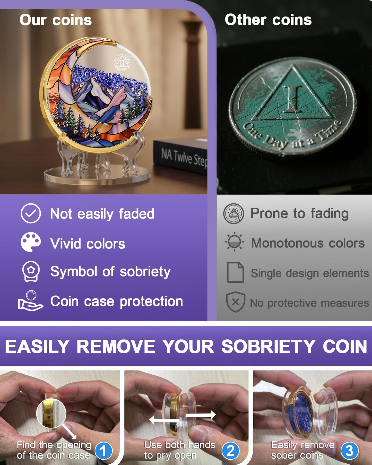 2 Year Sobriety Coin, Liquid Glitter Shaker AA Chip | Blue Quicksand Moon Mountain Design Recovery Milestone Medallion Sobriety Gift for Men & Women YRCKUDZKG