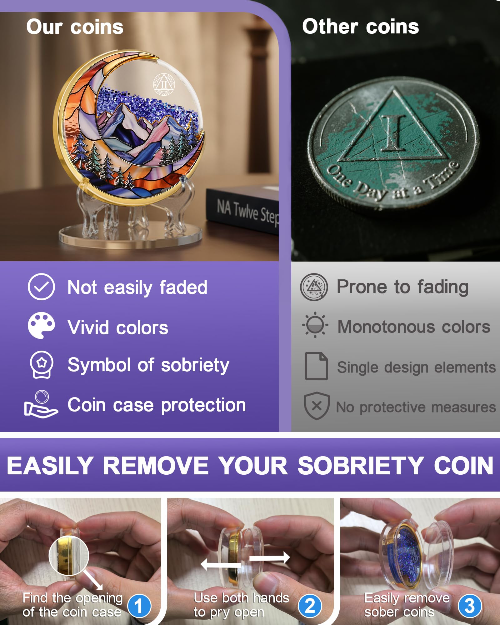 2 Year Sobriety Coin, Liquid Glitter Shaker AA Chip | Blue Quicksand Moon Mountain Design Recovery Milestone Medallion Sobriety Gift for Men & Women YRCKUDZKG