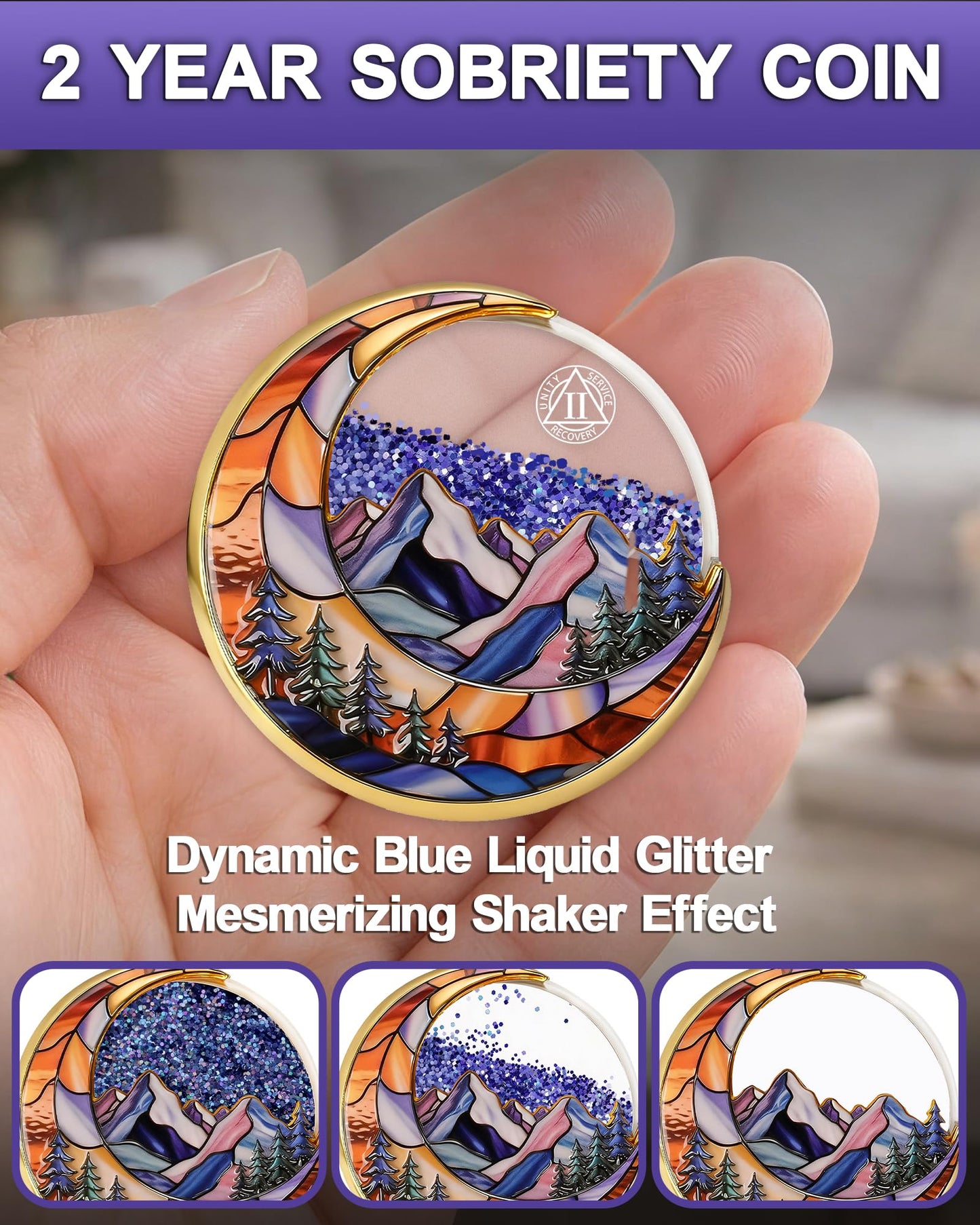 2 Year Sobriety Coin, Liquid Glitter Shaker AA Chip | Blue Quicksand Moon Mountain Design Recovery Milestone Medallion Sobriety Gift for Men & Women YRCKUDZKG