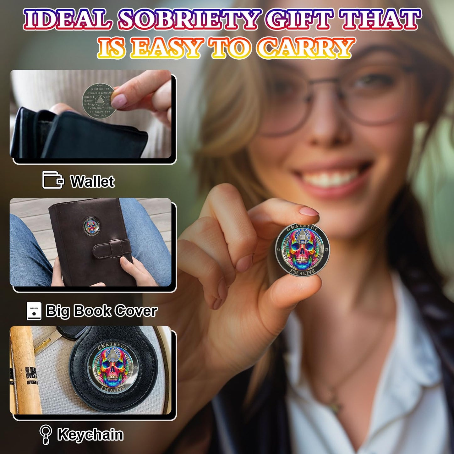 Rainbow Skull 13 Year Sobriety Coin, Grateful I'm Alive AA Coin - Clean AA Chips and Medallion - Thirteen Years Sober Medal with Serenity Prayer, Sobriety Gifts for Men Women YRCKUDZKG