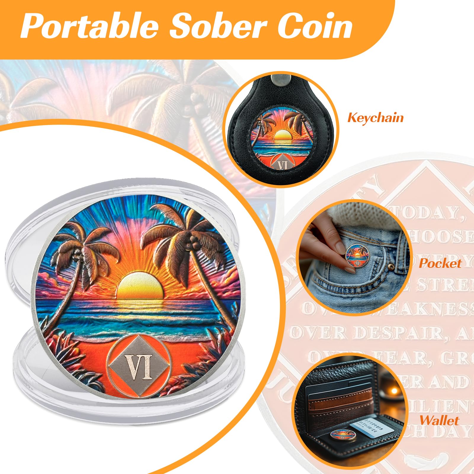 Beach Sunset 6 Year Sobriety Coin, Affirmation NA Coin, Addiction Recovery Six Year Sober Chip, Celebrating Recovery Anniversary Token, Narcotics Anonymous Sobriety Gifts for Men Women Vitalway