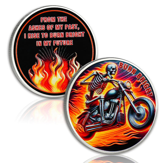 Skeleton Rider Sobriety Coin, Burn Bright NA AA Medallion - Inspirational Recovery Anniversary Token, Non-Religious Sobriety Gifts for Men Women, Addiction Recovery Affirmation Coin YRCKUDZKG