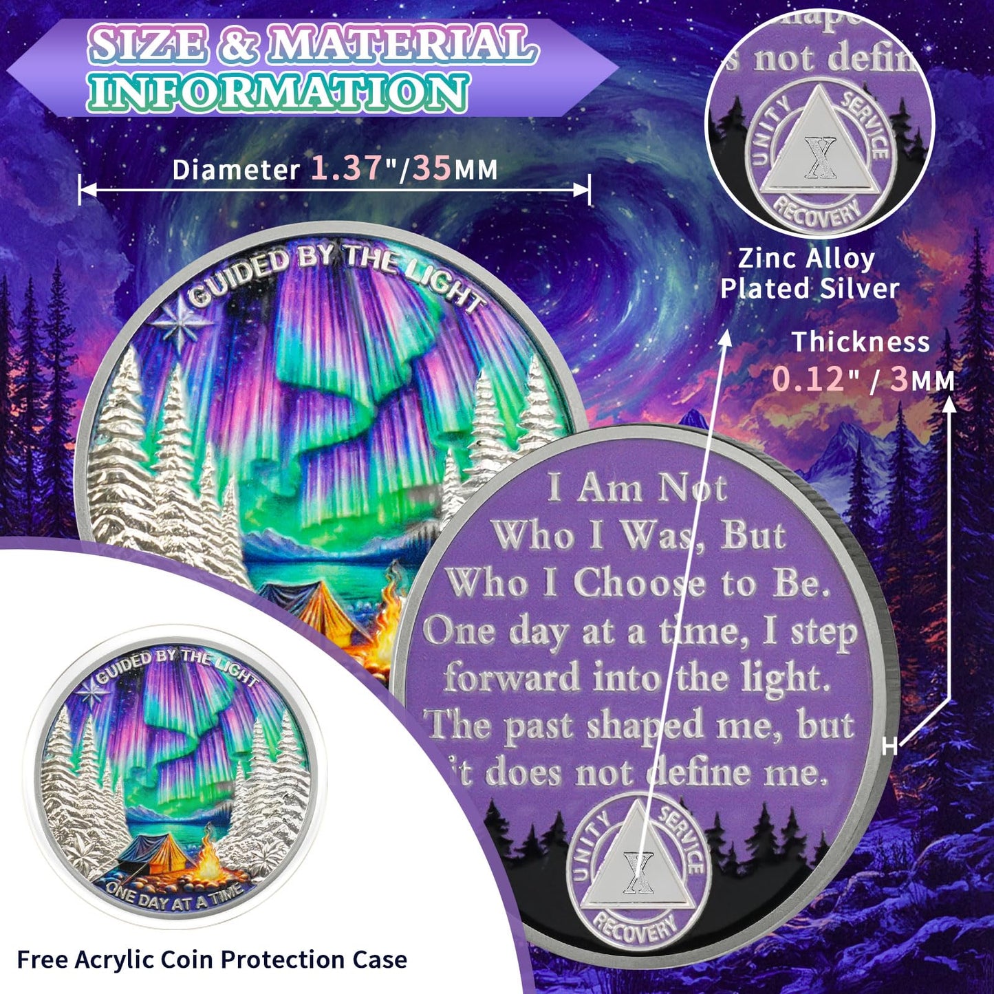 YRCKUDZKG Guided by Northern Lights 10 Year Sobriety Coin - One Day at a Time AA Coin, Alcohol Free Ten Year Recovery Chip with Token Capsule, Sobriety Gifts for Men Women YRCKUDZKG